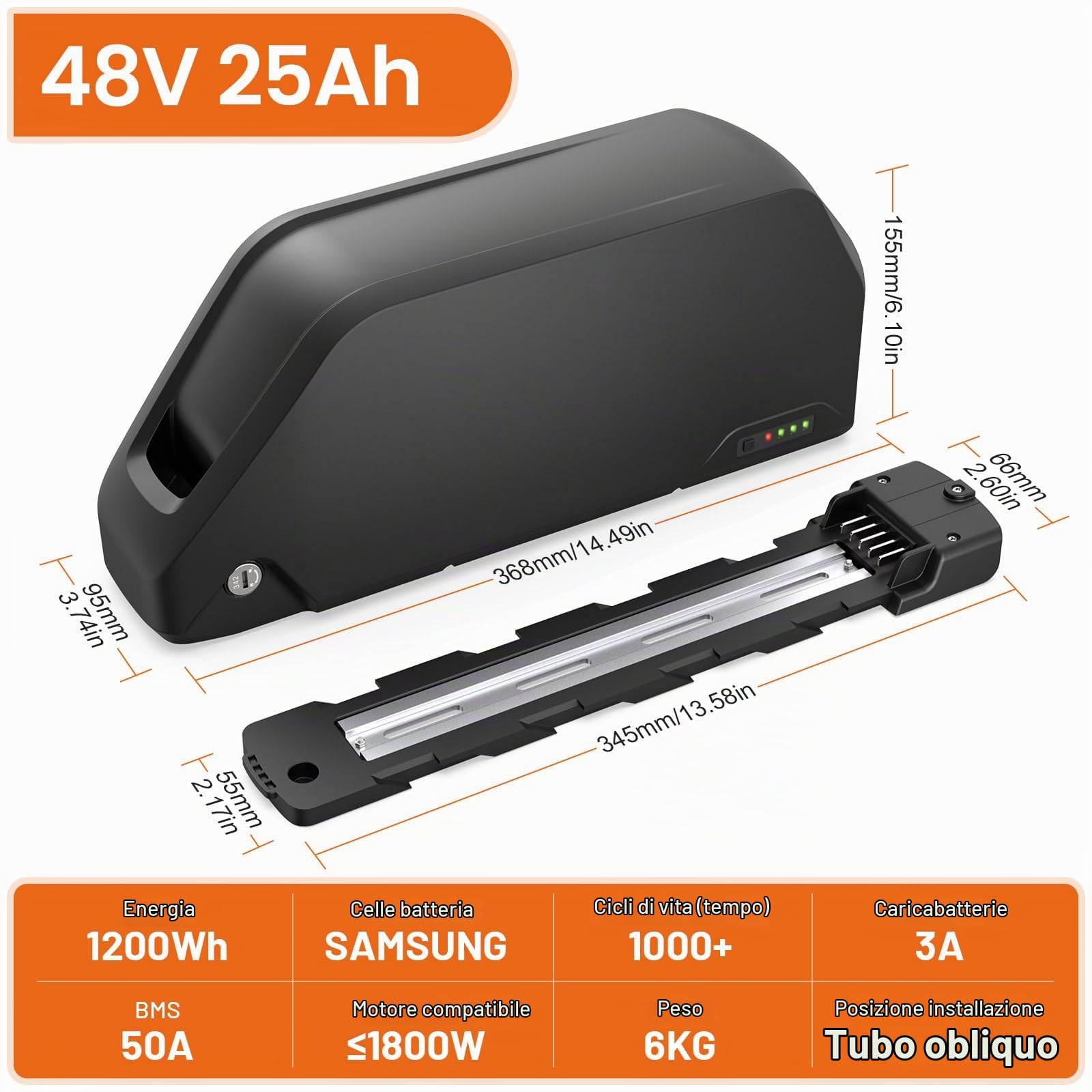 Batteria per bici elettrica 48V 25Ah da montare sul telaio - Hailong Batteria Shark agli ioni di litio per moto da 250 W 500 W 750W1000W 1500W