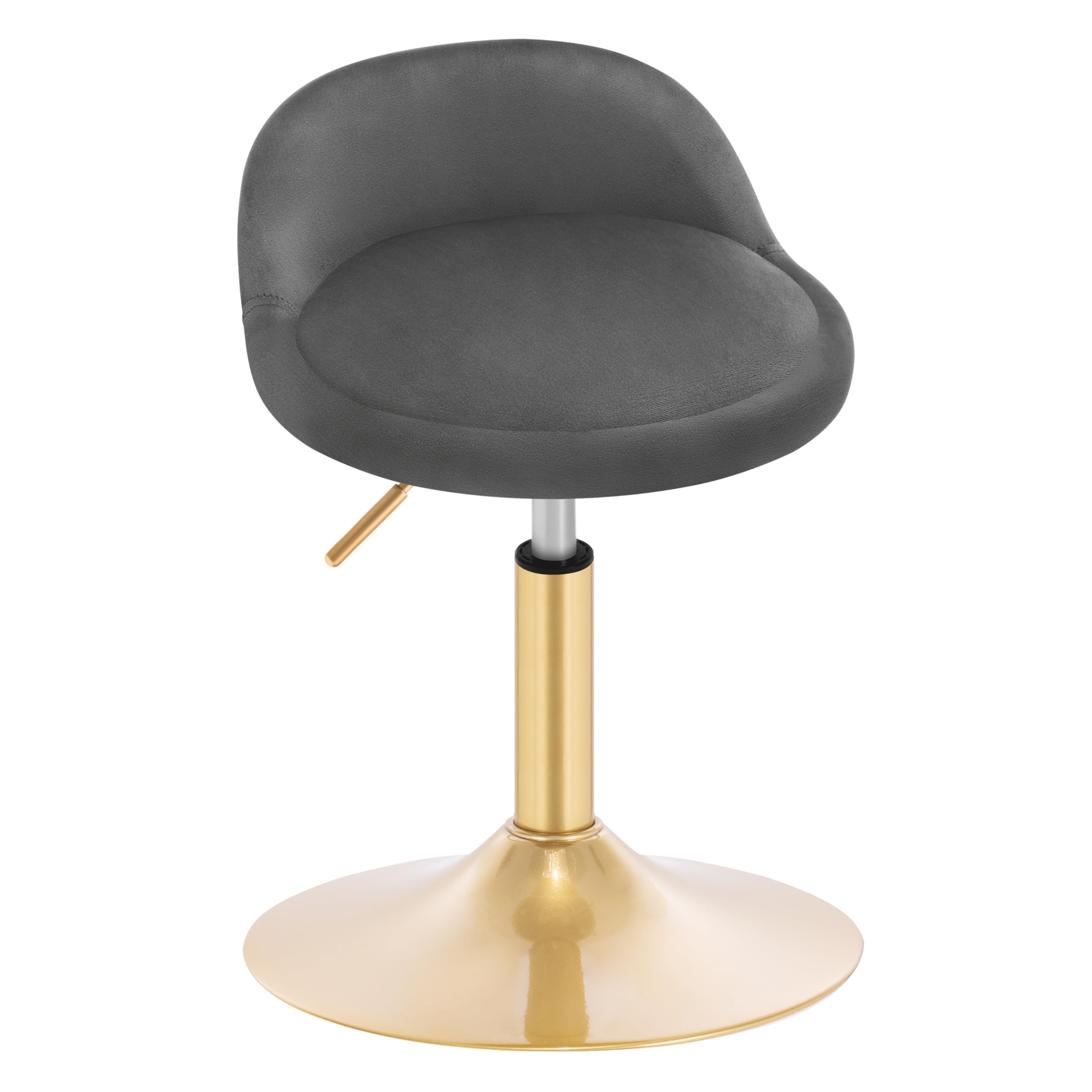 WOLTU Taburete Bajo, Taburete Giratorio con Respaldo Bajo, Asiento de Terciopelo, Altura Ajustable 42,5-58 cm, para Tocador y Salon, Base Metáica, Gris Oscuro + Dorado, BH425dgr-1