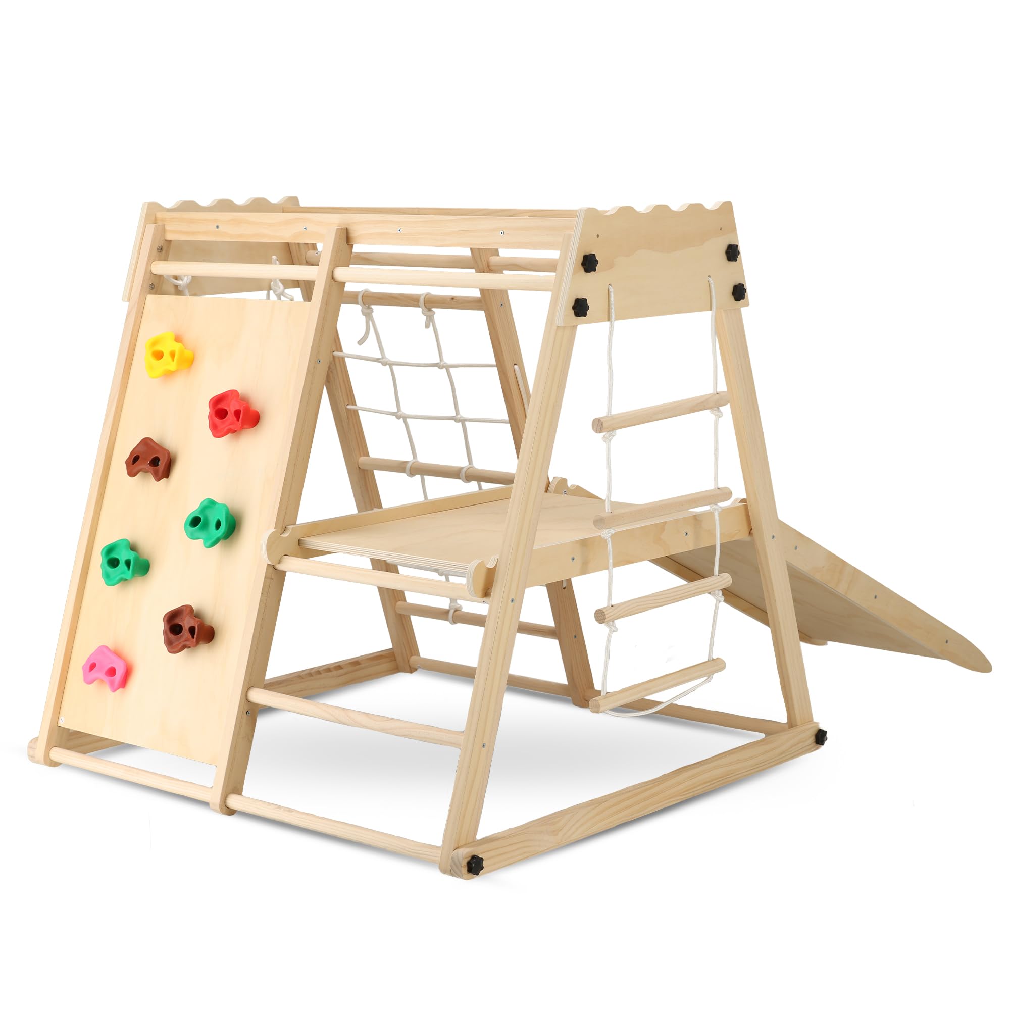 Deryan Klettergerüst für Kinder - Indoor Spielplatz mit Rutsche, Kletterwand, Kletternetz & Turnringe - Holz Kletterturm klappbar - Natur