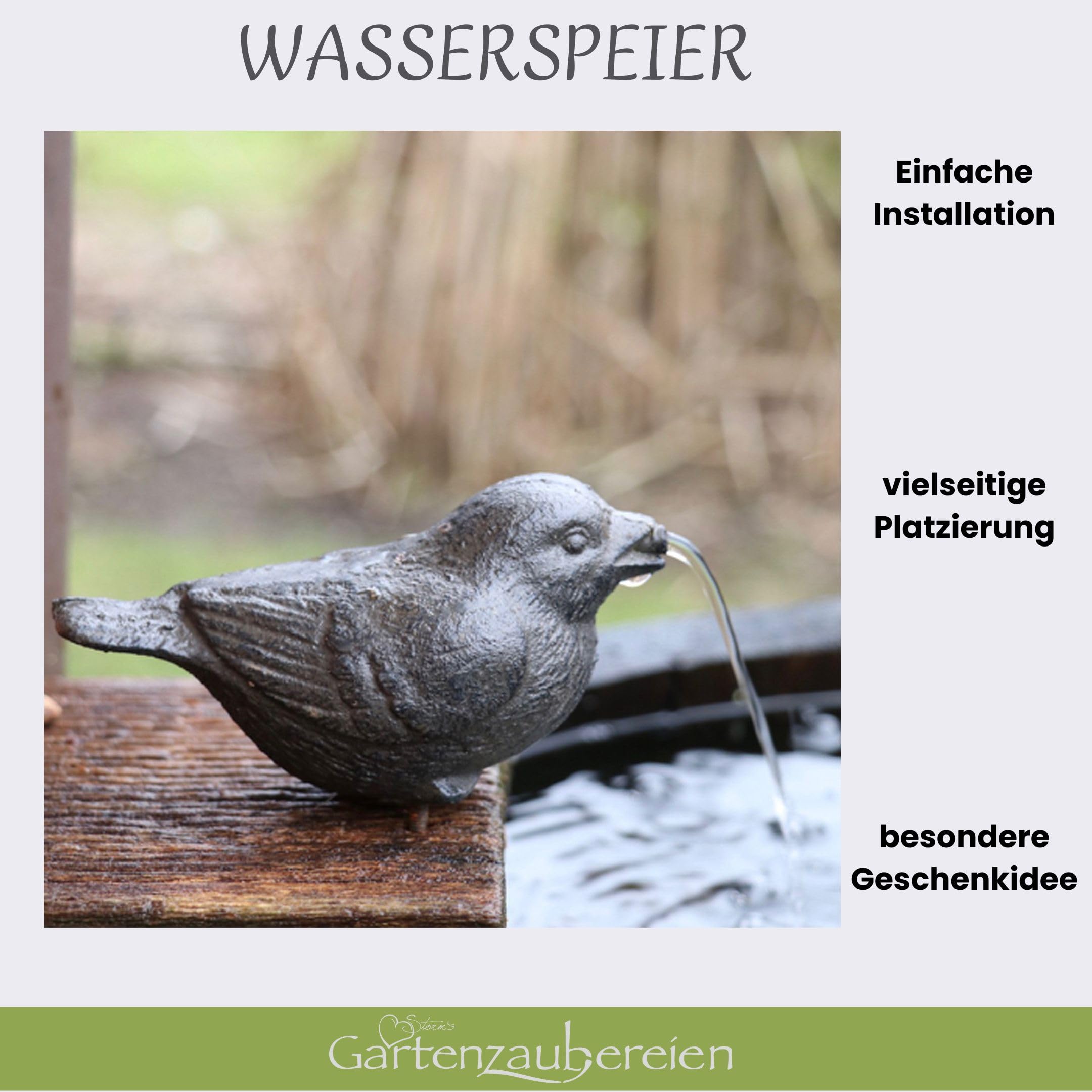 Storm's Gartenzaubereien Wasserspeier - Spatz mit Akku Solarpumpe ohne Sonne 4-5 Stunden - Gusseisen Figur