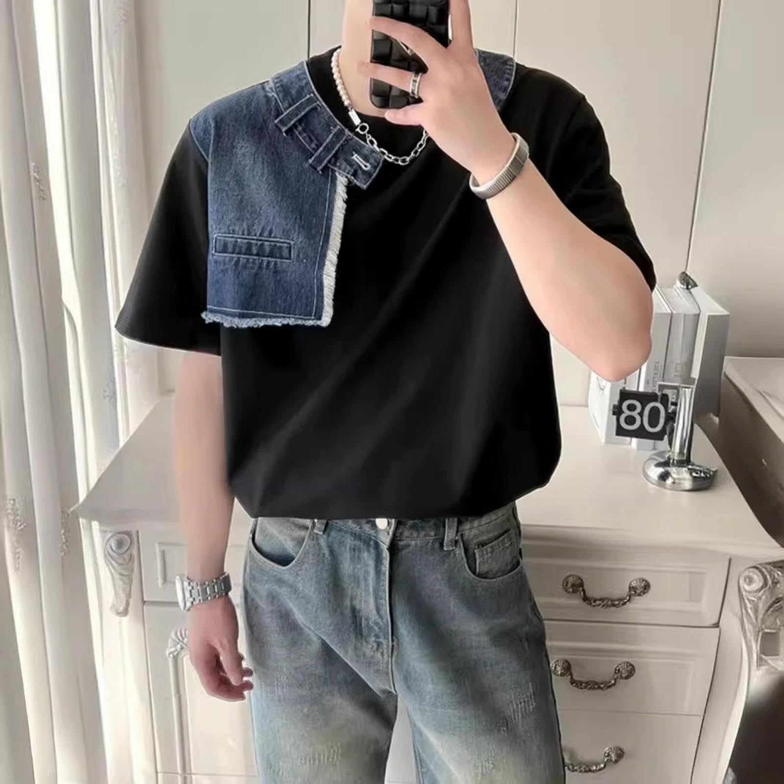 Maglietta Uomo Maglione alla Moda da Uomo A Maniche Corte, Estivo, con Cuciture in Denim, Scollo Rotondo, Morbido E Confortevole, Maglietta Attillata-bianco-3xl