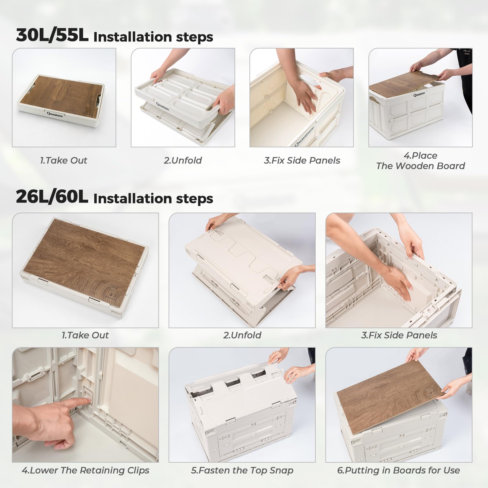 Scatola Portaoggetti da Campeggio 55L Pieghevole e Impilabile | Con Copertura in Legno, con Manico, Grande Contenitore Portatile in PP, Organizer per Bagagliaio Auto, Armadio, Casa, Picnic