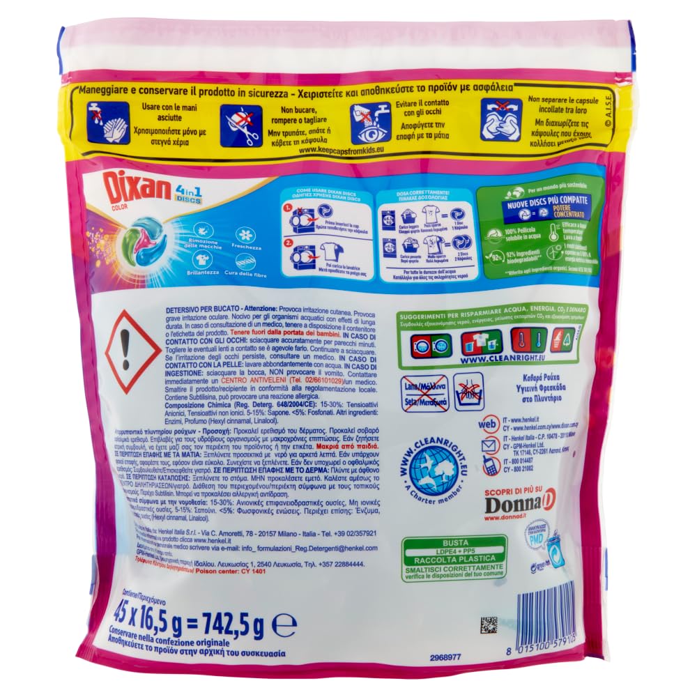 Dixan DISCS 4in1 Color Detersivo Lavatrice (45 Lavaggi), Capsule lavatrice per colori vivaci, pulizia profonda del bucato e freschezza igienica per la lavatrice, Rimuove le macchie da 20°C