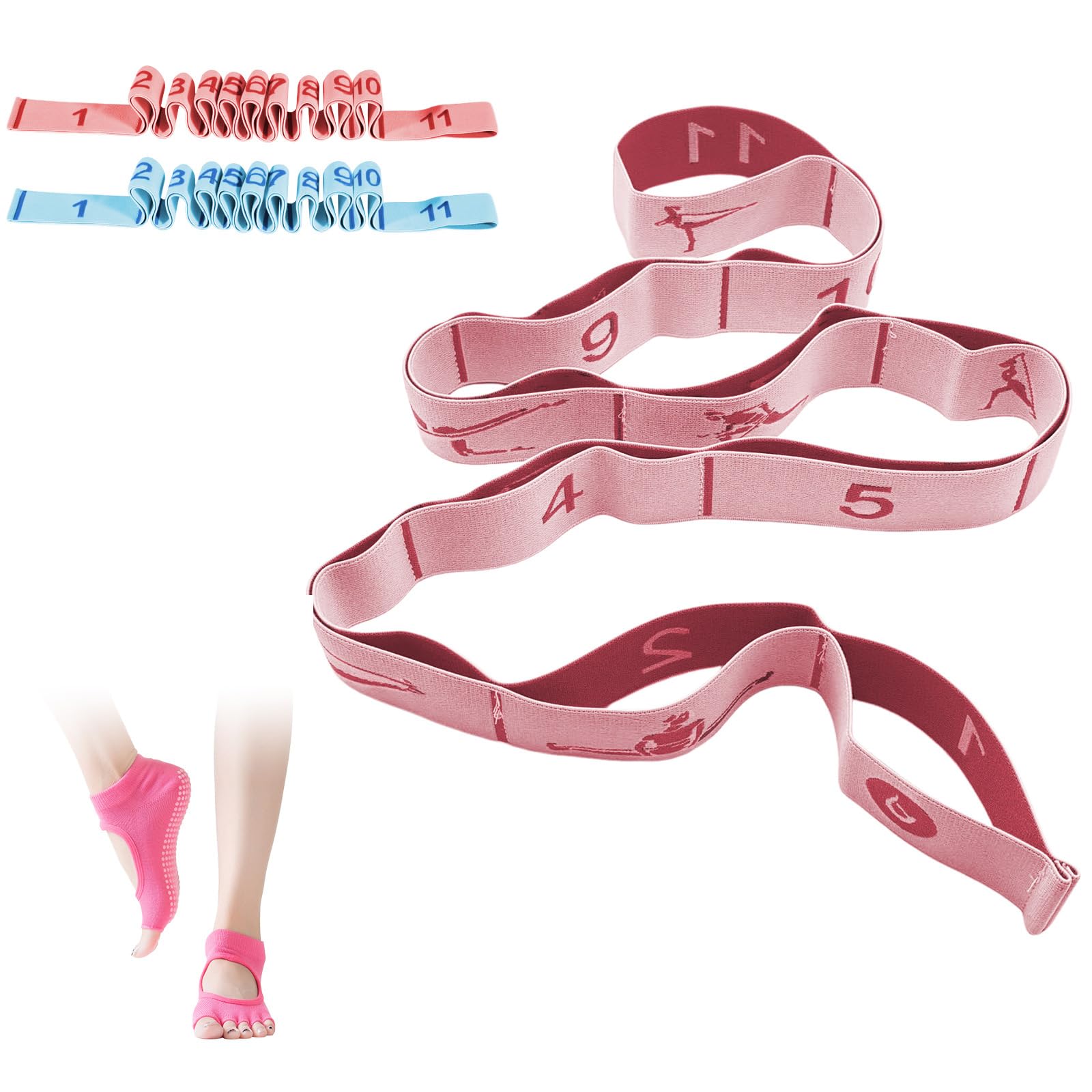 2PCS Numbered Fitness Resistance Band, 11-Section Fitness Resistance Band with yoga socks, Yoga Straps Band for Stretching Multi-Loop Pilates Bands for Glutes Full Body Workout Women and Girl