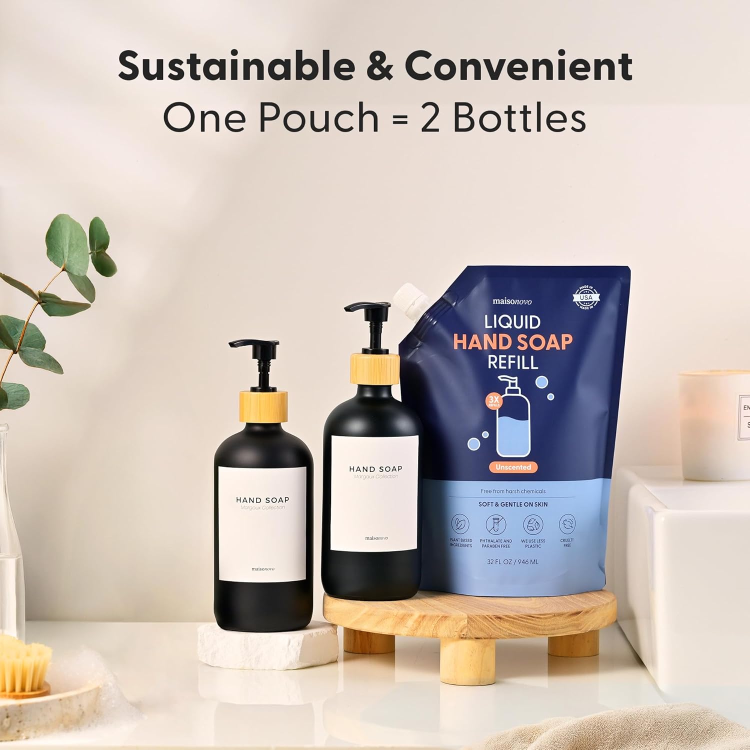 MaisoNovo Hand Soap Refills | Natural Hand Soap Refill Made in USA | Gentle Non Toxic Refill Good for All Skin Types | UnscentedRefill Pouch 32 oz