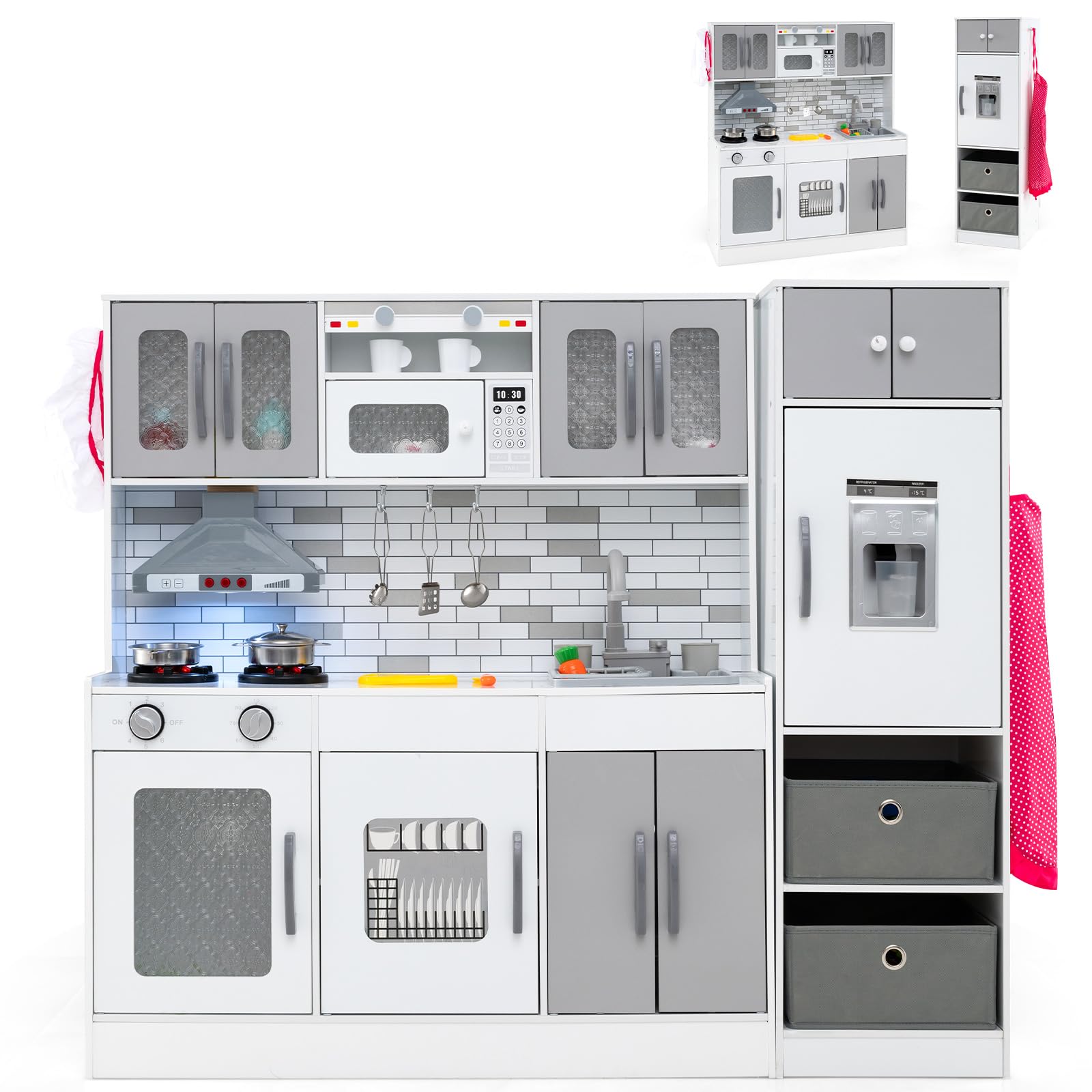 COSTWAY Kids Wooden Kitchen, 2-Piece Modular Toy Kitchen Set with Lights, Sounds, Water Circulation, Refrigerator, Cookware, Large Pretend Role Play Kitchens for Ages 3+ (Grey+White)