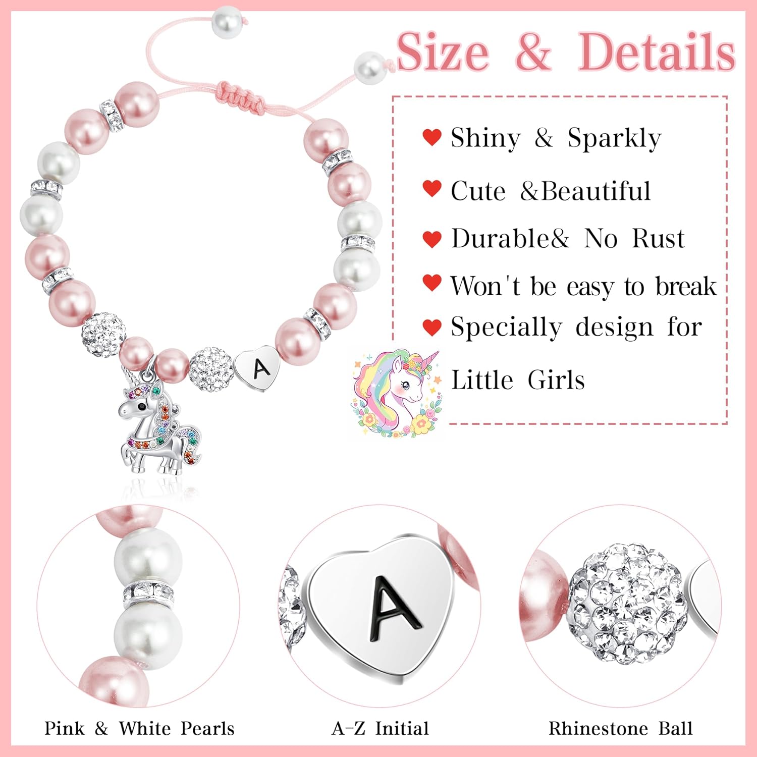 C-leen Unicorn Unicorn Bracelet Gifts for Girls Kids - Pink Pearl and Rhinestone Balls Heart Initial Unicorn Bracelets Adjustable Jewelry CZ Unicorn Bracelet Birthday Gifts for Teens - Image 6