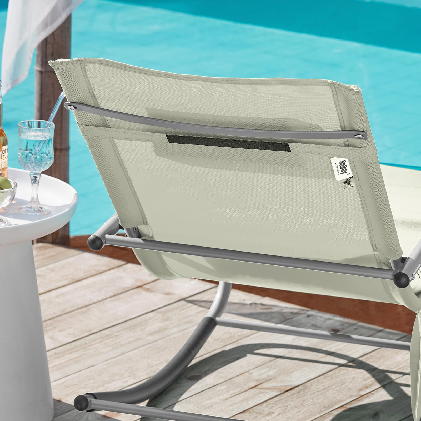 SoBuy Set di 2 sedie a dondolo da esterno con cuscino e poggiatesta, beige, 150x63x87 cm