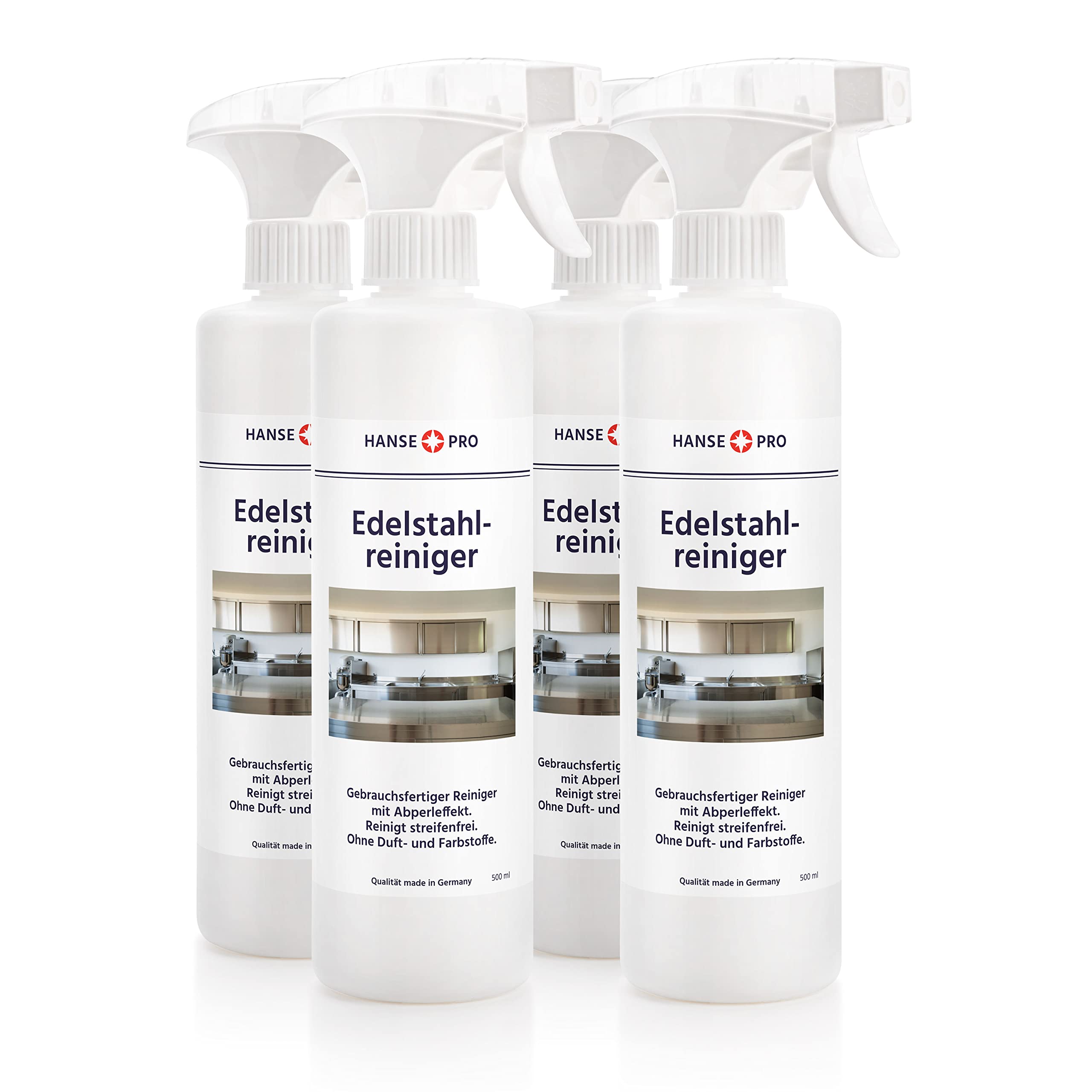HANSE PRO Edelstahl-Reiniger I Gebrauchsfertig I mit praktischem Abperl-Effekt I Reinigt streifenfrei I ohne Duft- und Farbstoffe I ideal für Küche und Grill (4 x 500 ml)