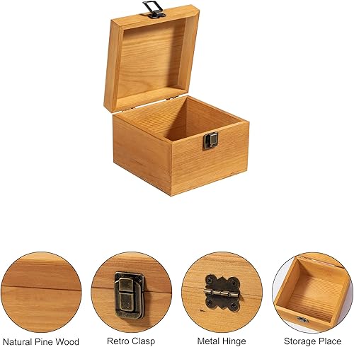 Miniatura 3 de Caja de almacenamiento de madera vintage con tapa con bisagras y cierre frontal, caja de recuerdos pequeña de 5.4'' x 5.4'' x 3.9'', cajas de madera