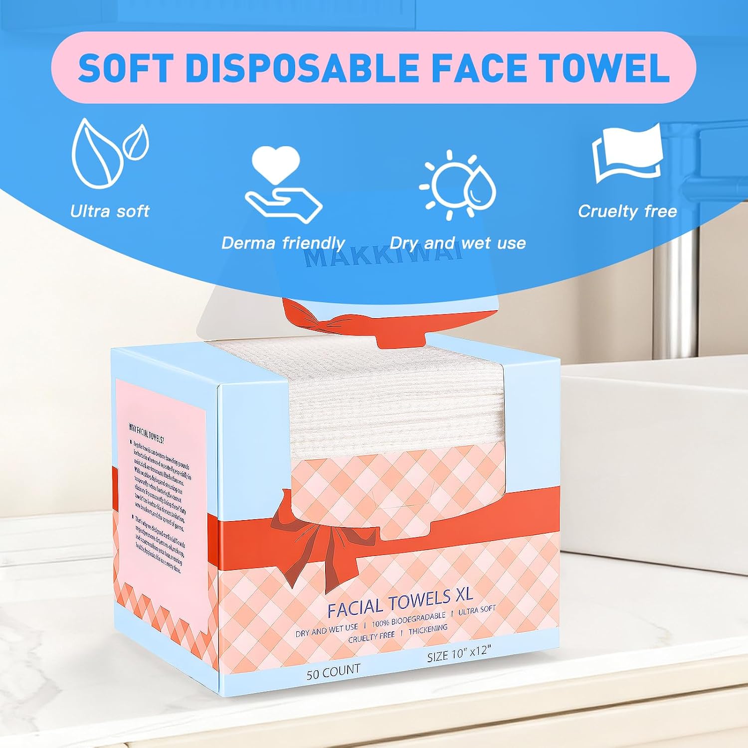 Face Towels Skin Club, Makeup Remover Wipes, Ultra Soft Makeup Remover Dry Wipes, Facial Towel, Disposable Eyelid Wipes XL, 10"×12", 2 Pack, 100 Ct