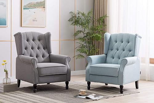 Miniatura 33 de Artechworks Silla moderna de tela alada, silla de club con brazo copetudo, sofá individual de lino con patas de madera, cómodo tapizado para leer,