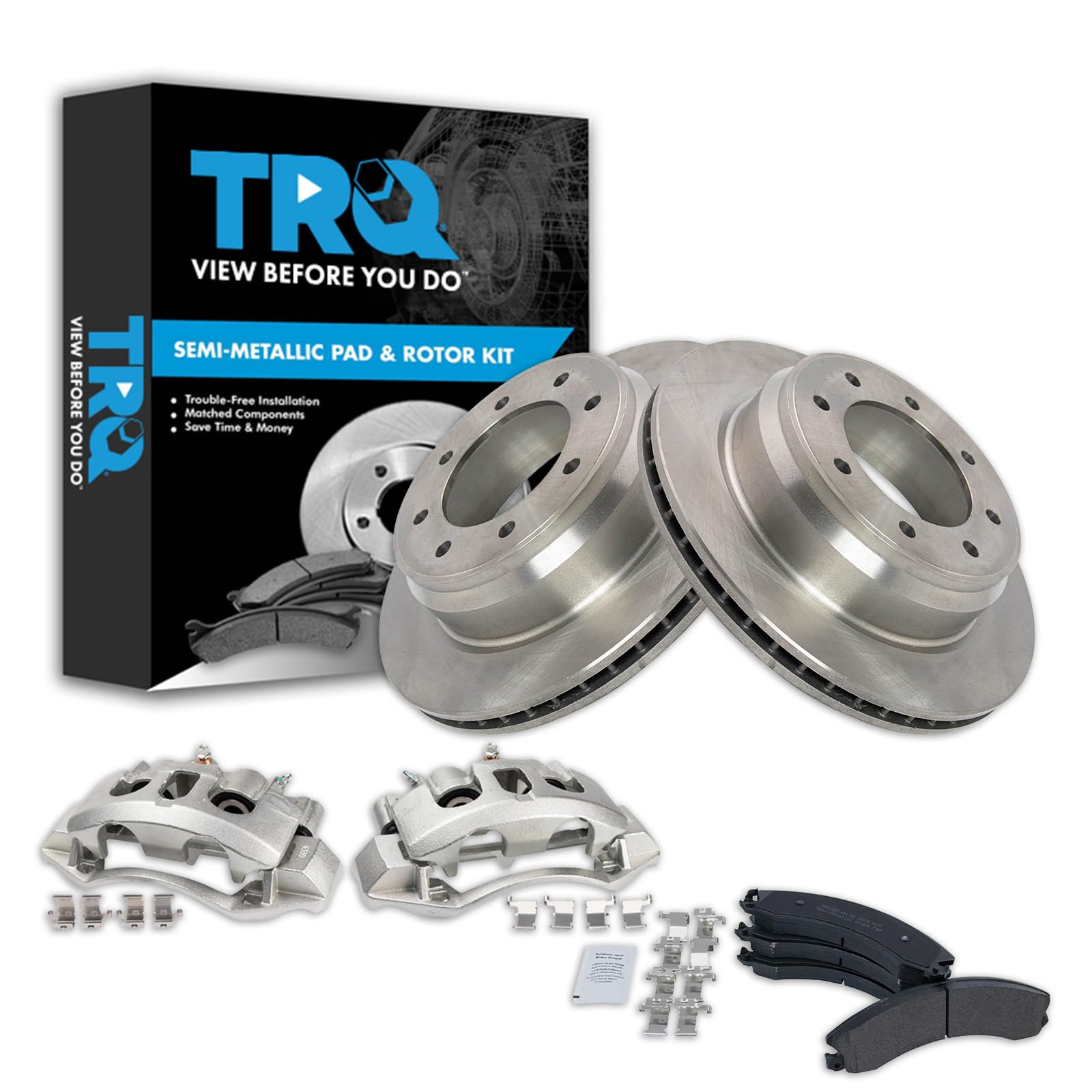 TRQ Rear Brake Pad, Caliper, &amp; Rotor Kit Semi-Metallic Compatible with 2012-2021 Nissan NV1500 NV2500 NV3500