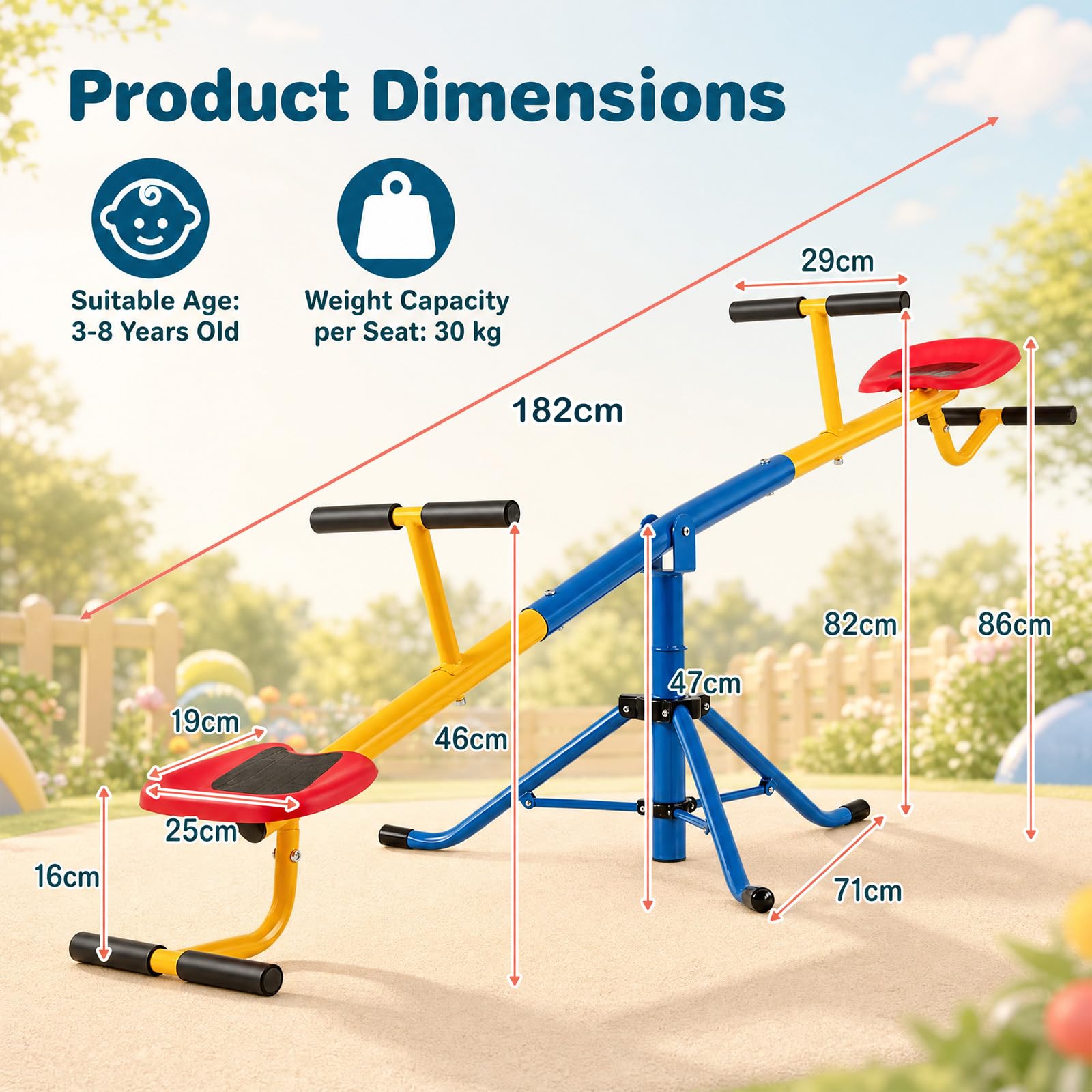 HOMASIS Balançoire à bascule pour enfants 2 places, Bascule d'extérieur avec rotation à 360° et verrou pour les jambes, jusqu'à 60 kg de charge, balançoire à bascule pour jeunes enfants de 3 à 8 ans
