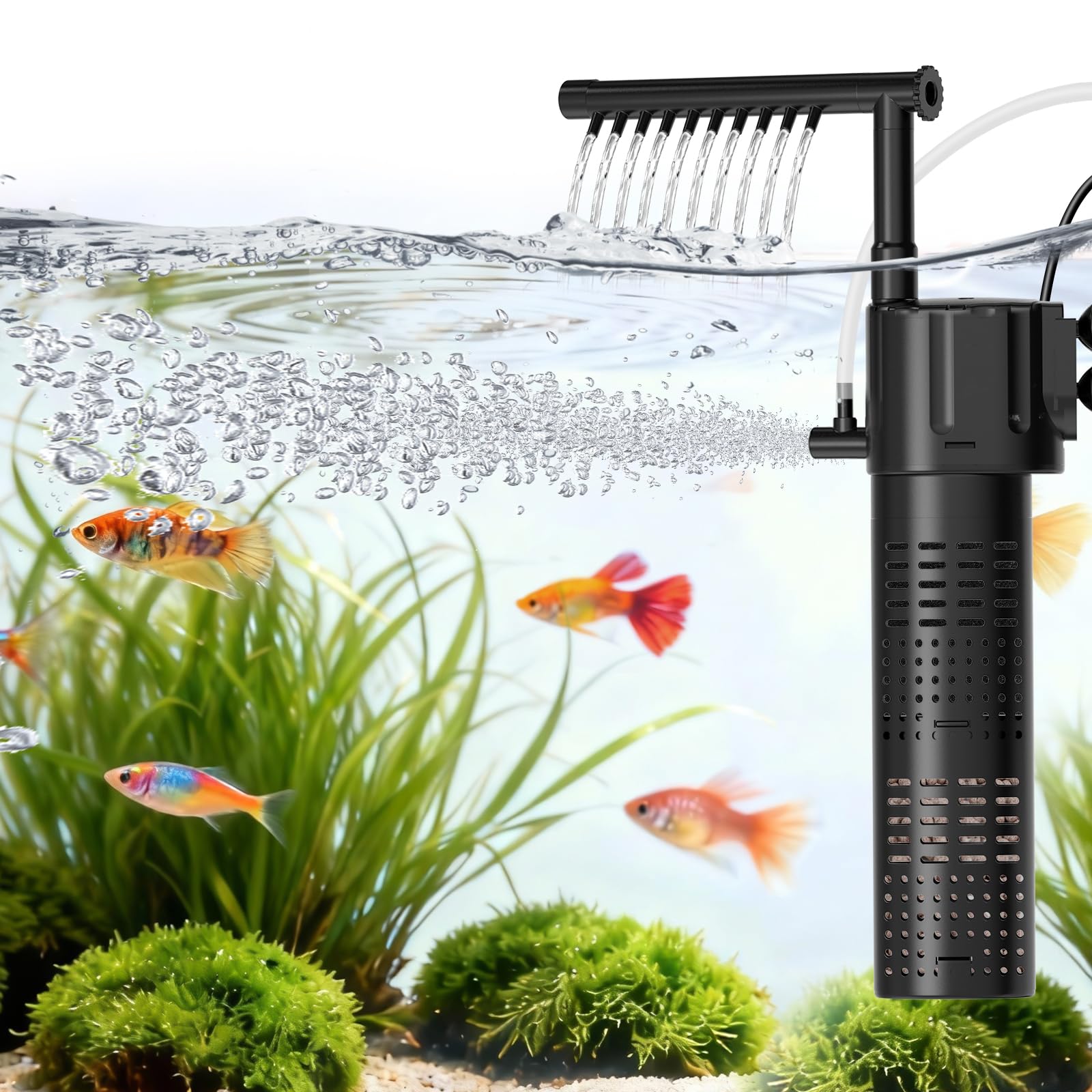 hygger Filtre Interieur Aquarium, 300L/H 5W Adjustable Aquarium Filtre, Quiet Power Fish Tank Filter Pump pour Aquariums with Rainfall Aeration for 15-55L Freshwater and Saltwater Tanks
