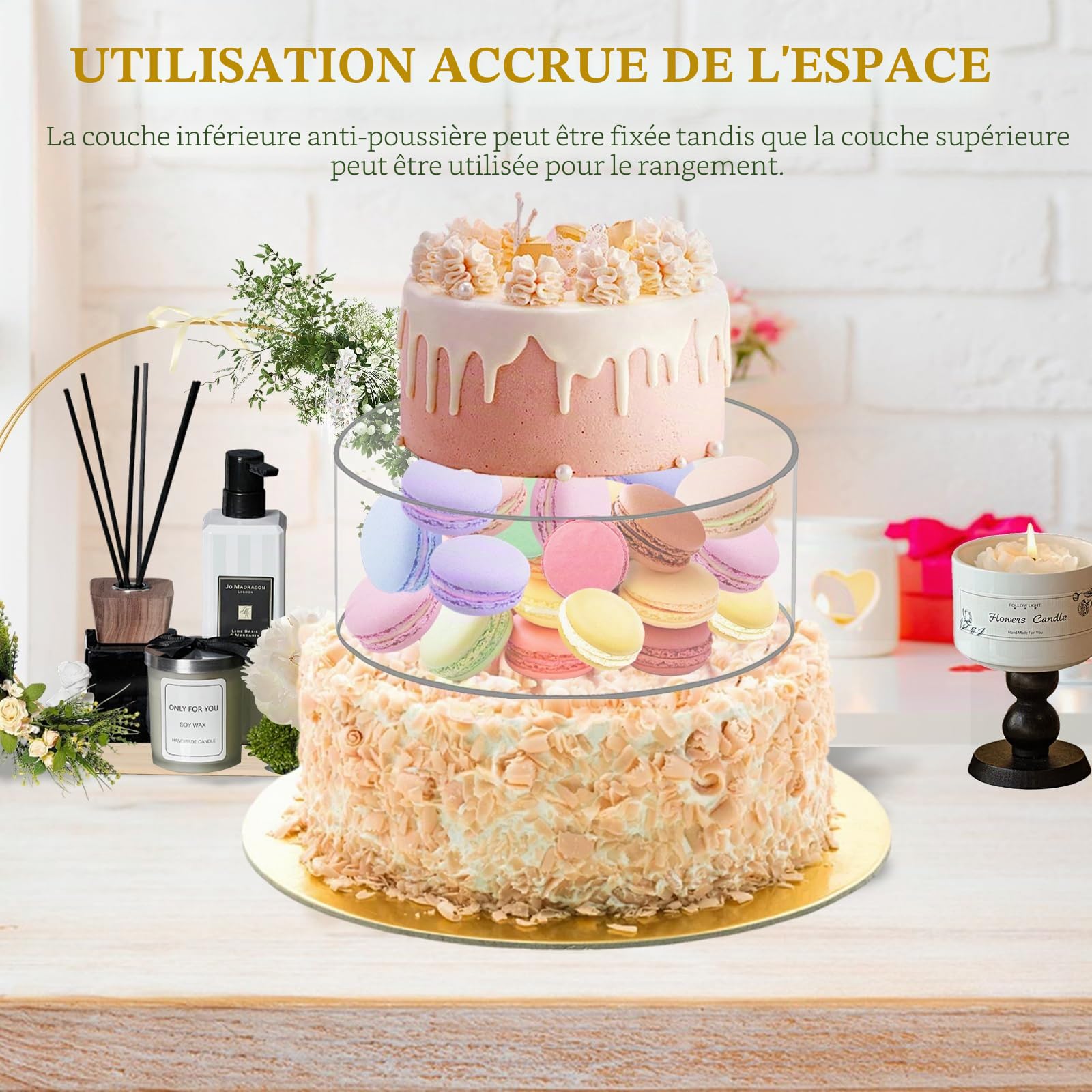 Présentoir à Gâteau,3 Pièces Planches Gâteaux en Acrylique pour Table à Dessert Cupcakes Fleurs,Cylindre Transparent Remplissable Rond avec LED Décoratif pour Anniversaire,Mariage et Fête