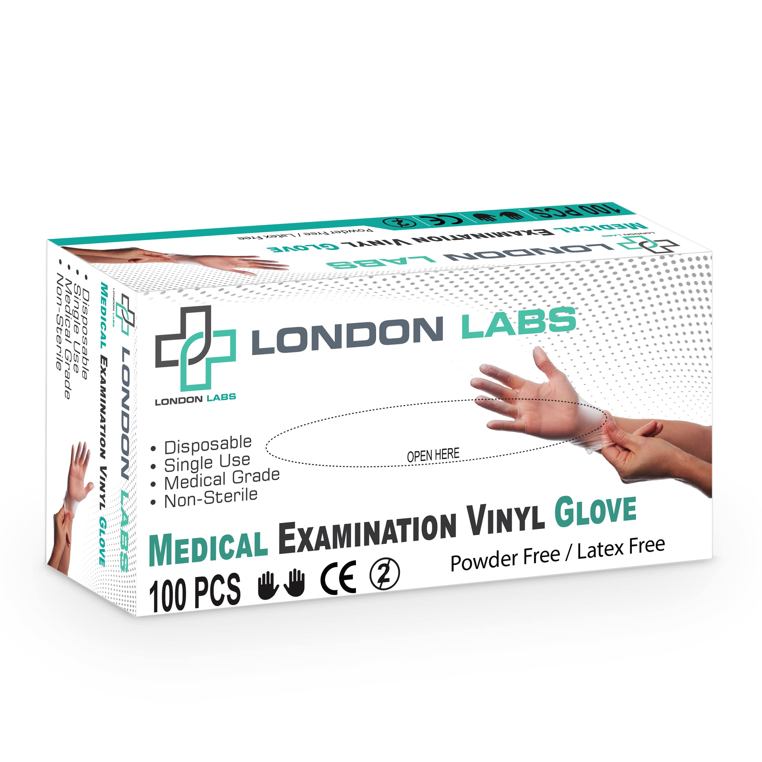 London Labs Medical Clear Vinyl Gloves, Powder Free & Latex Free, Disposable, Food Safe