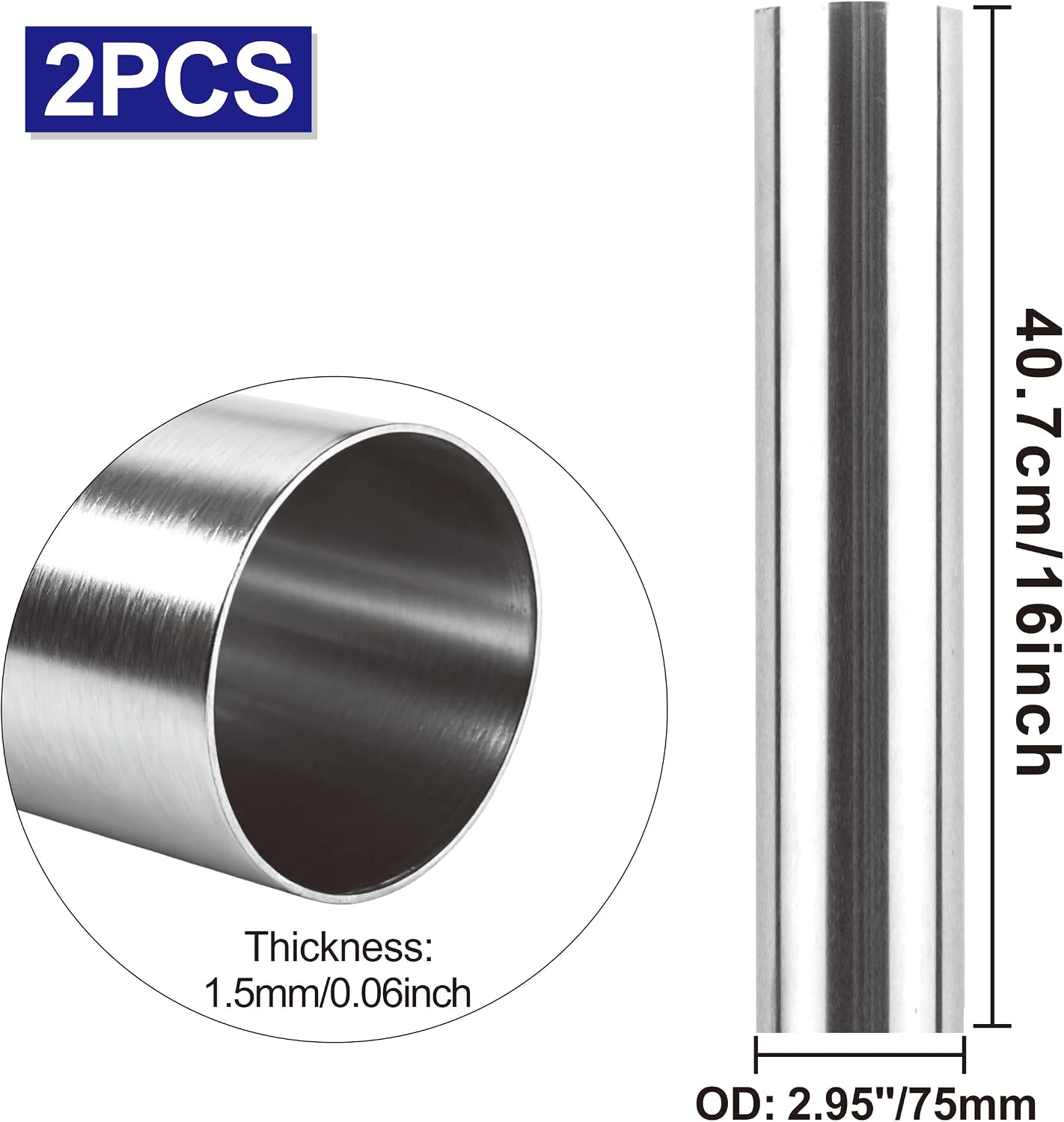 2PCS 3 Inch Stainless Steel Exhaust Pipe, 3" OD x 16" Length304 Stainless Steel Exhaust Pipe for DIY Replacement Part, Replacement Exhaust Tube(16" Long）