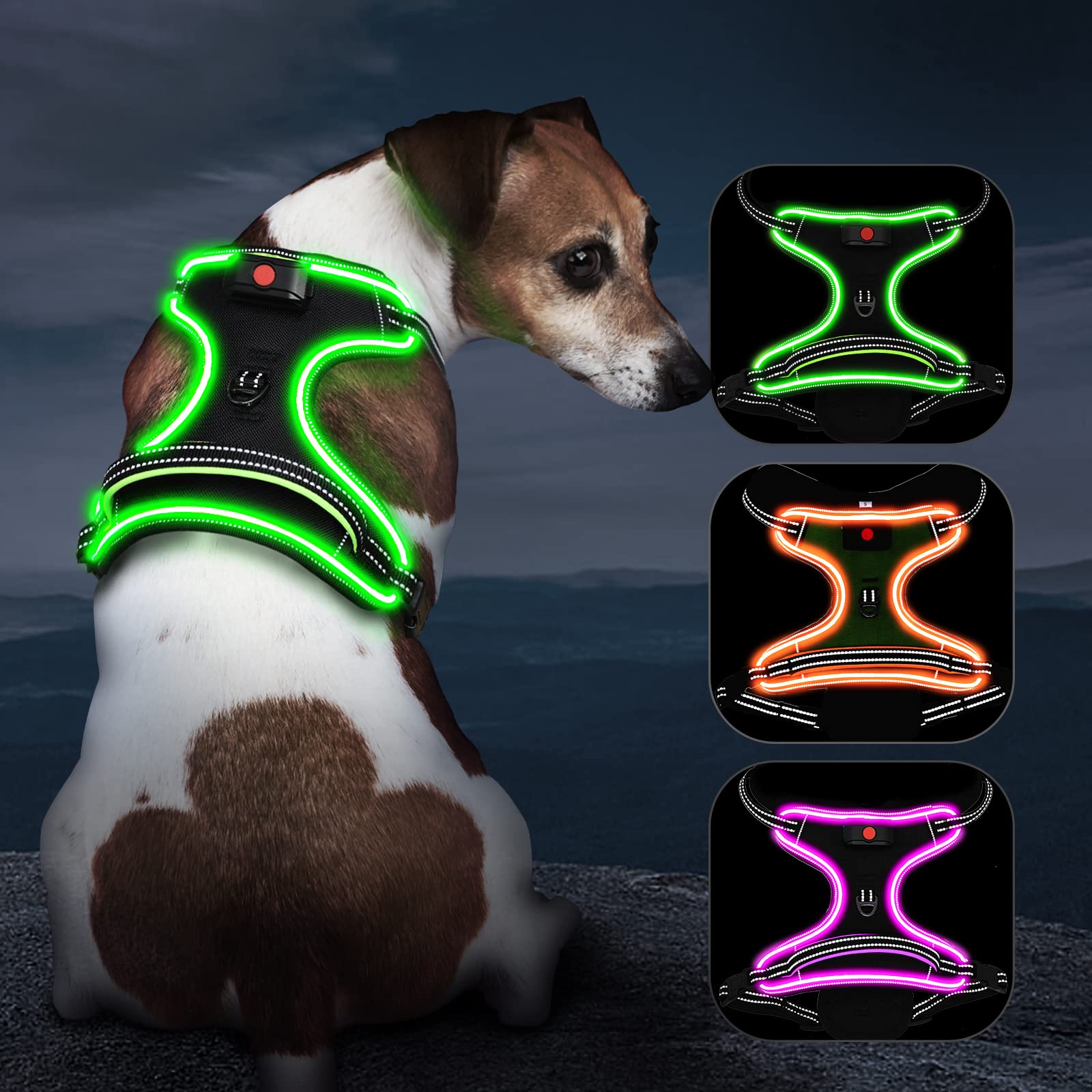 VizbriteLight Up Dog Harness No Pull LED Dog Harness with Handle Rechargeable Lighted Dog Vest Harness for Small/Medium/Large/X-Large Size Dogs No Pull, 4 Point Adjustable Dog Harness