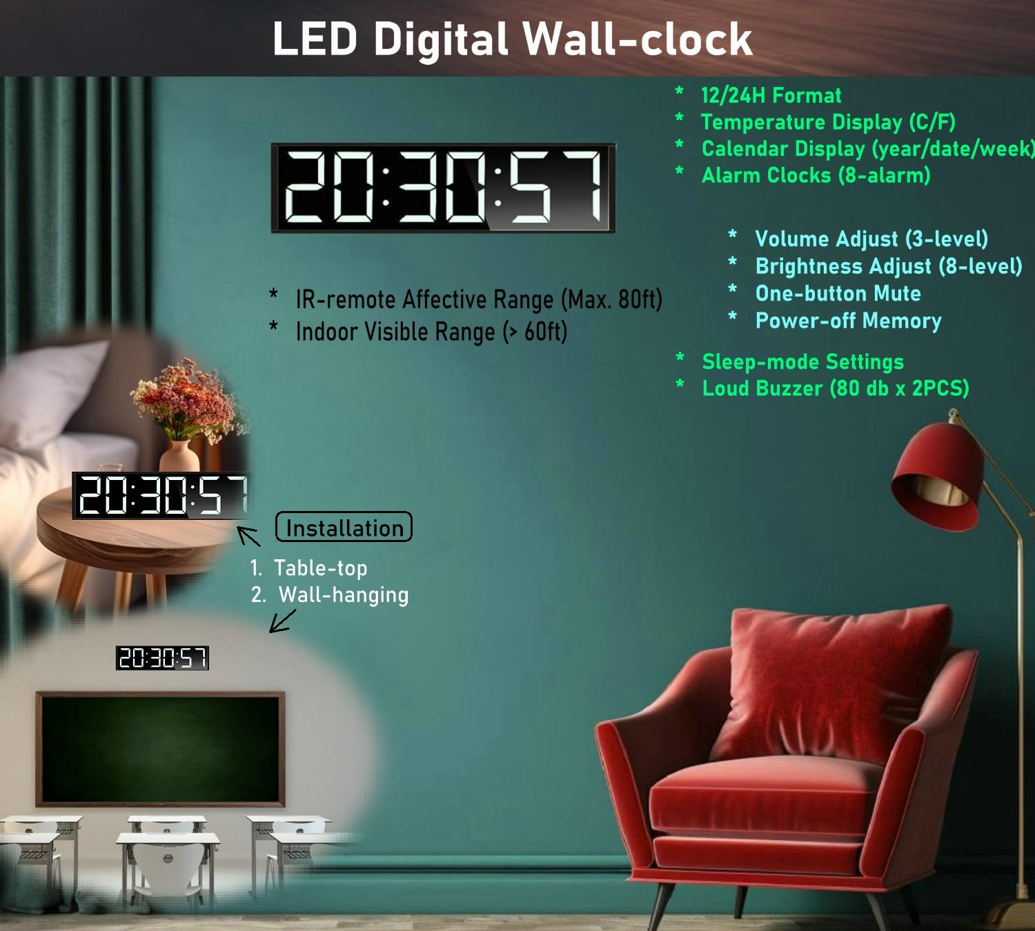 Reloj de pared digital enorme de 26 pulgadas, reloj temporizador de entrenamiento de intervalo de gimnasio en casa, con cuenta regresiva/arriba, cronómetro, 8 alarmas, luz nocturna de 7