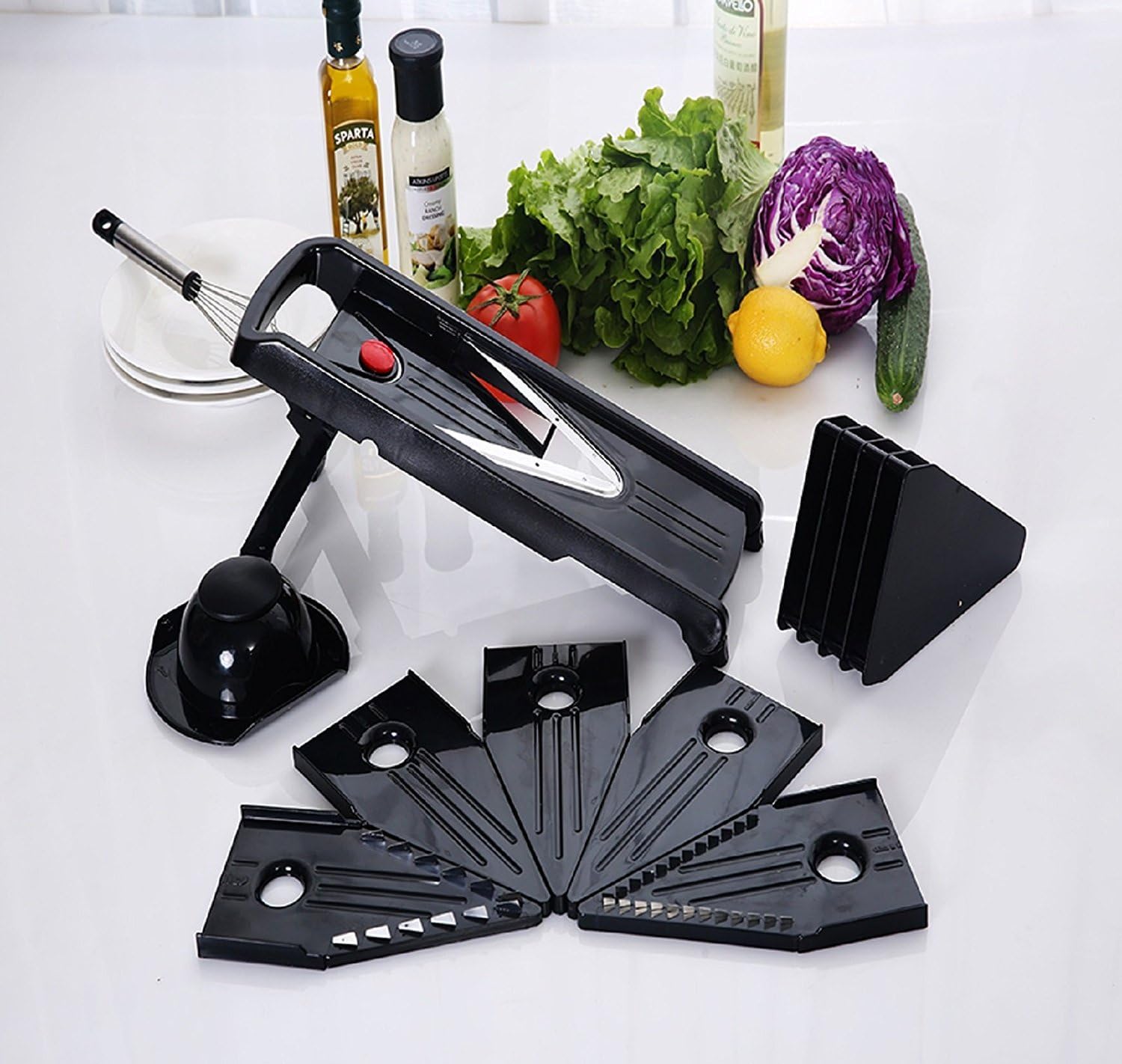 SALE!! Limited Time only!! Chef Grade Mandoline V-Blade Slicer, High Quality, 5 Interchangeable Blade Inserts,Grater,Cutter,Hand Guard, Deluxe Heavy Duty ABS Plastic Construction. Great Price!