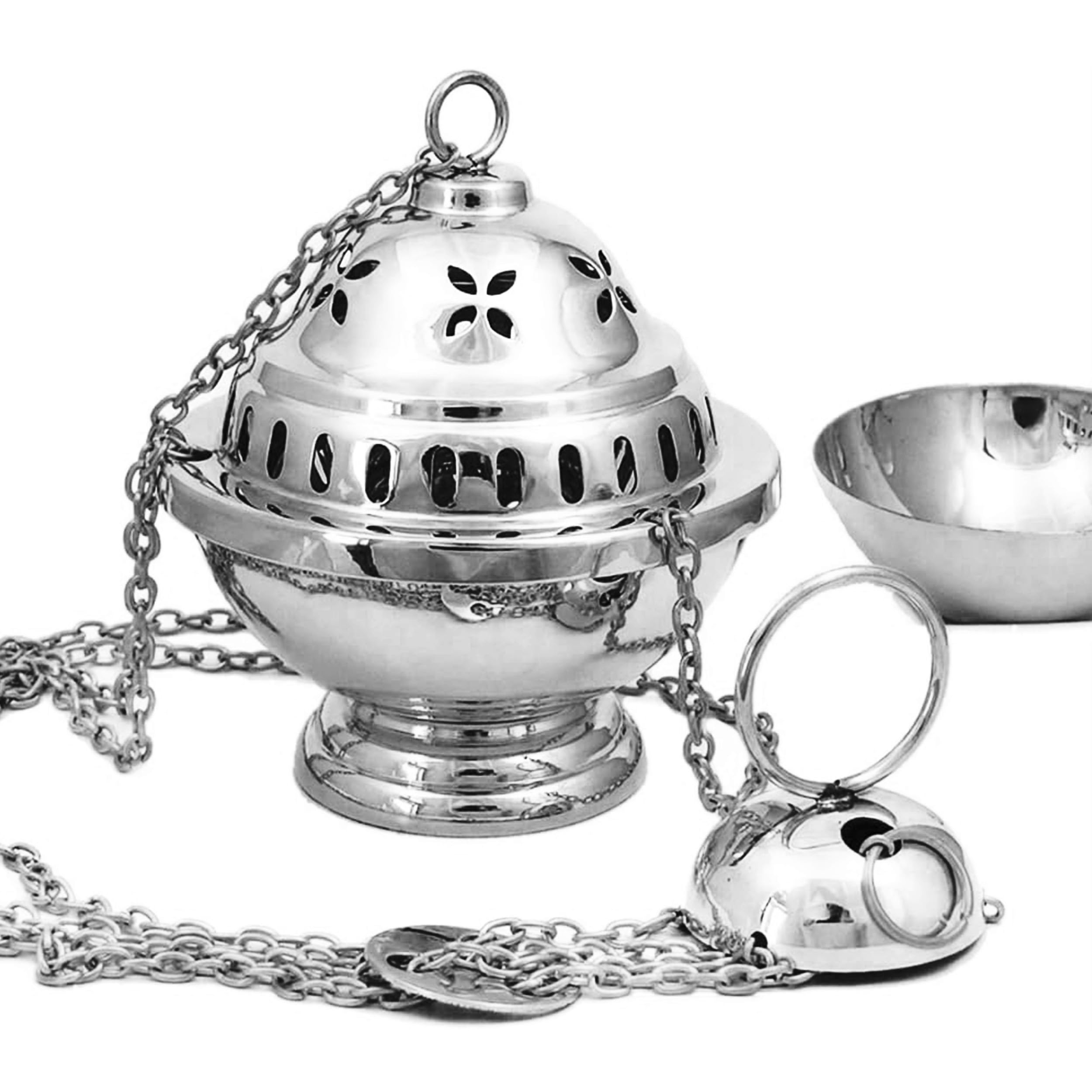NKlaus incensario Plateado de latón con Cadena 60 cm y Copa extraíble Quemador Artesanal para Incienso meditación Ritual purificación Regalo Espiritual Hecho a Mano Altura 14 cm 2915
