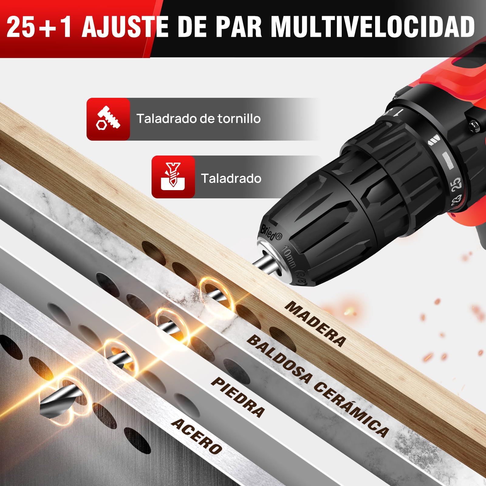 Taladro Atornillador 21V, 45N.m Atornillador Eléctrico, Taladro Combinado Inalámbrico con 25+1 de par de apriete, 2 x 1.5 Ah Batería, 29PCS Accesorios, 2 Velocidades, Luz LED,Cargador Rápido