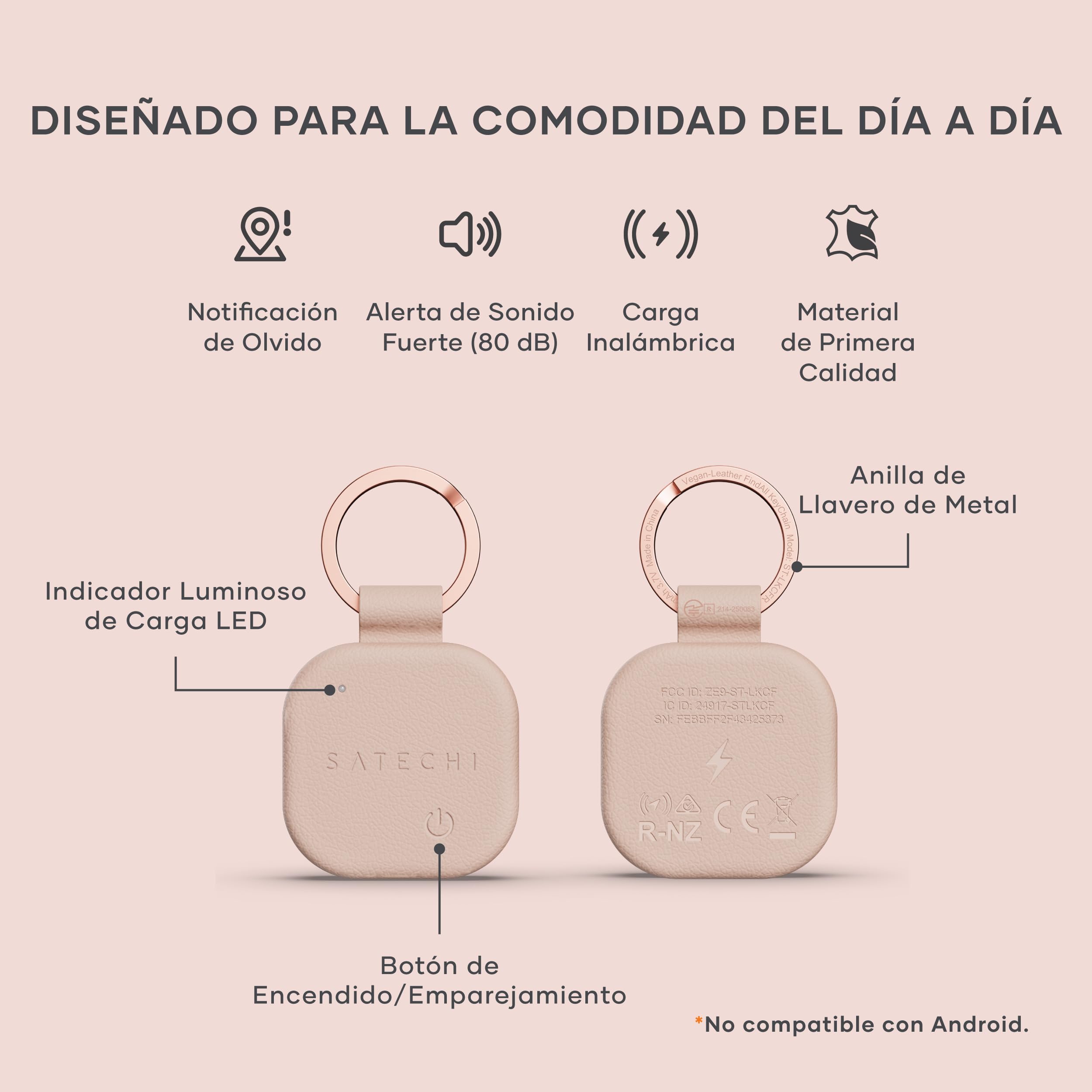 SATECHI FindAll Buscador de Llaves con Apple Find My, Carga Inalámbrica, Alerta de Olvido con Sonido Potente, Llavero GPS Localizador de Llaves para iPhone, iPad, Mac y más – Rose — view 2