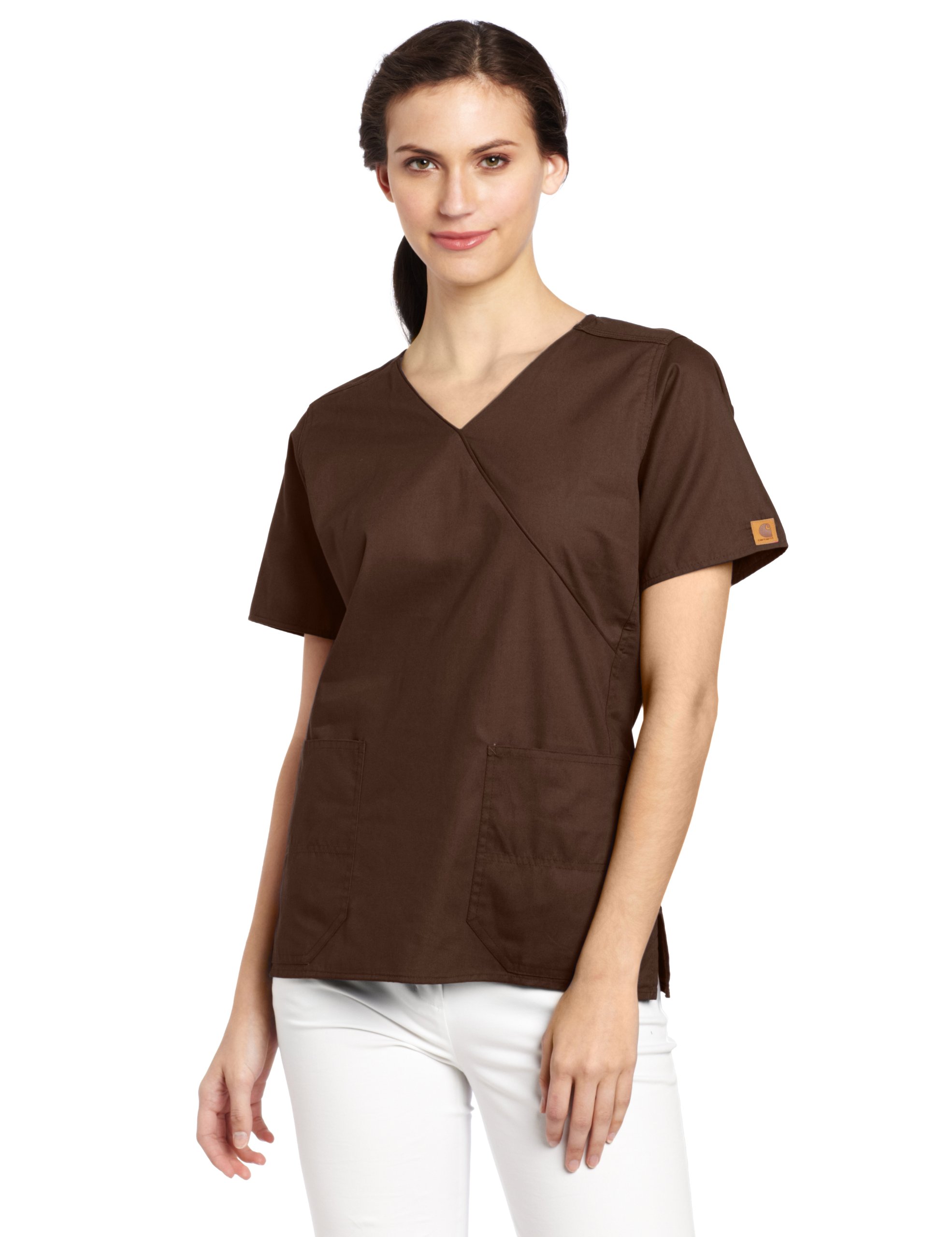 Carhartt Women's Scrubs Mock Wrap Top, Chocolate, Small