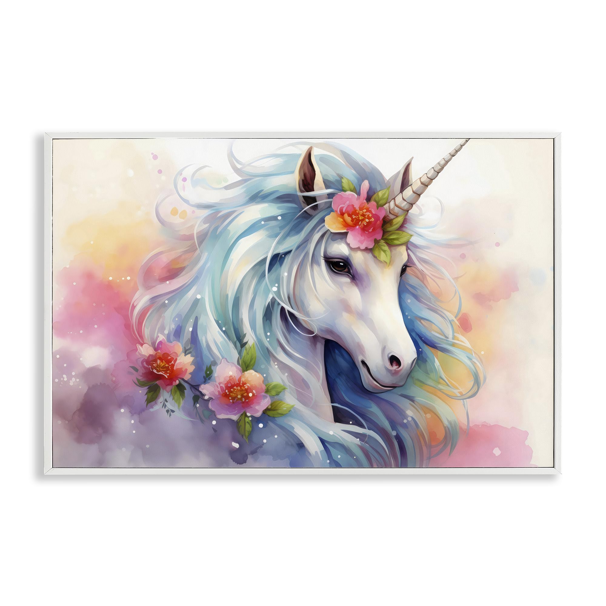 Licorne magique avec fleurs cadre blanc décoration murale