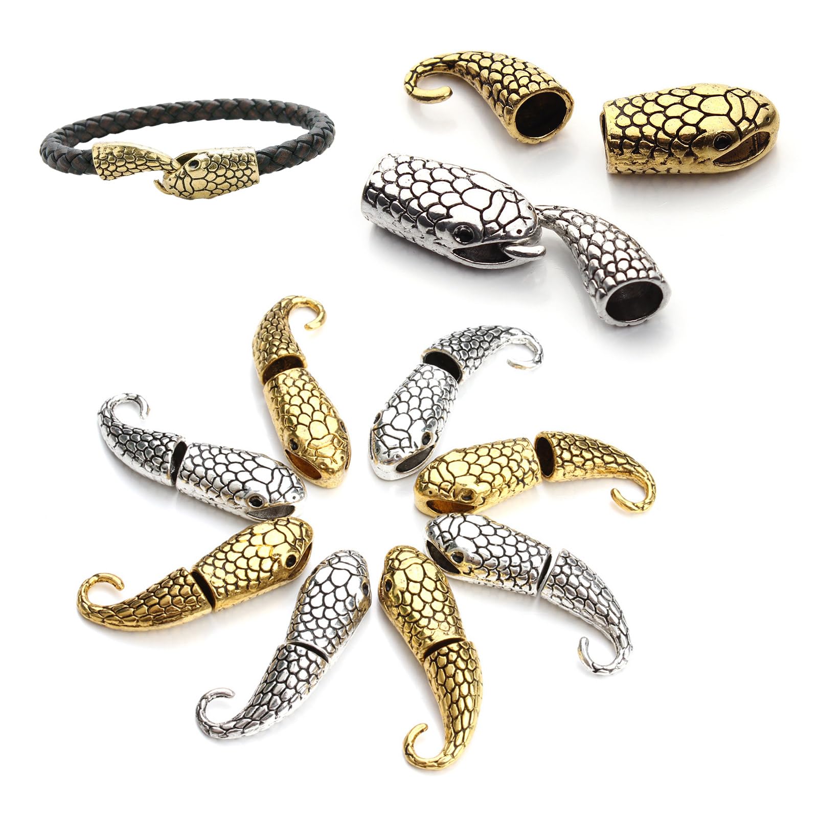 TVETE 蛇頭 ブレスレット クラスプ ネックレス アクセサリー【10個セット】ヘビ フック クラスプ ２色 アンティーク 合金 スネークヘッドフッククラスプ ブレスレットバックル ビーズ キット DIY 手作り ジュエリー レザー ロープ接続 アクセサリー 工芸品 ハンドメイド プレゼント（金＋銀）