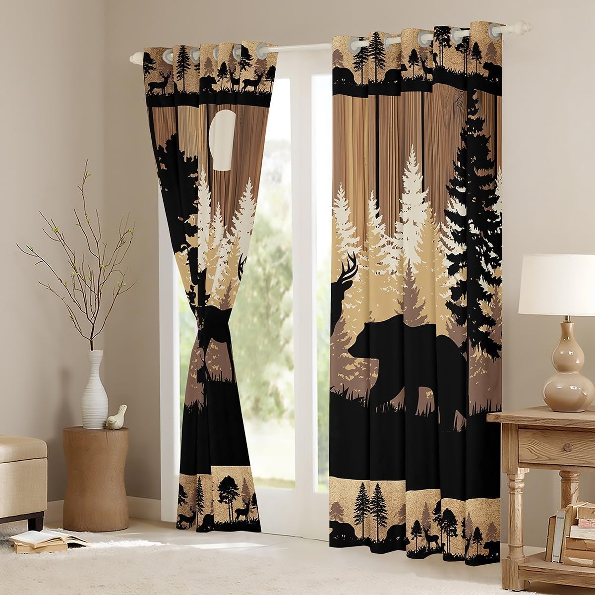 Feelyou Rustic Bear Deer Curtains Wildlife Hunting Theme Window Drapes Treatments for Kids Boys Girls Wild Animal Window Drapes Wooden Board Window Treatments, 38W X 54L,2 Panels,30%-50% Blackout