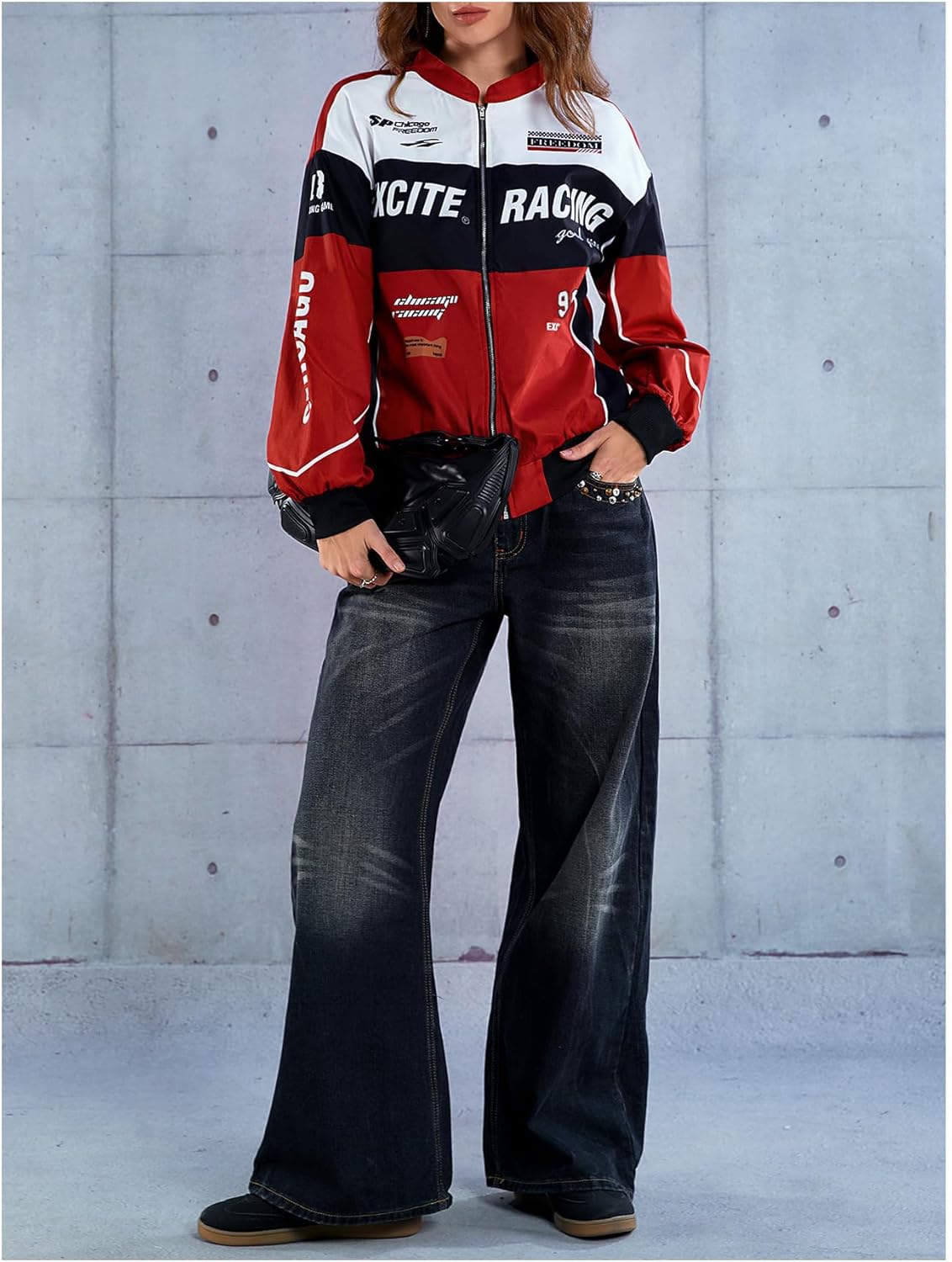 SOLY HUX Women's Racing Jacket Race Car Driver Bomber Jackets Color Block Y2k Outerwear Vintage Streetwear - Image 5