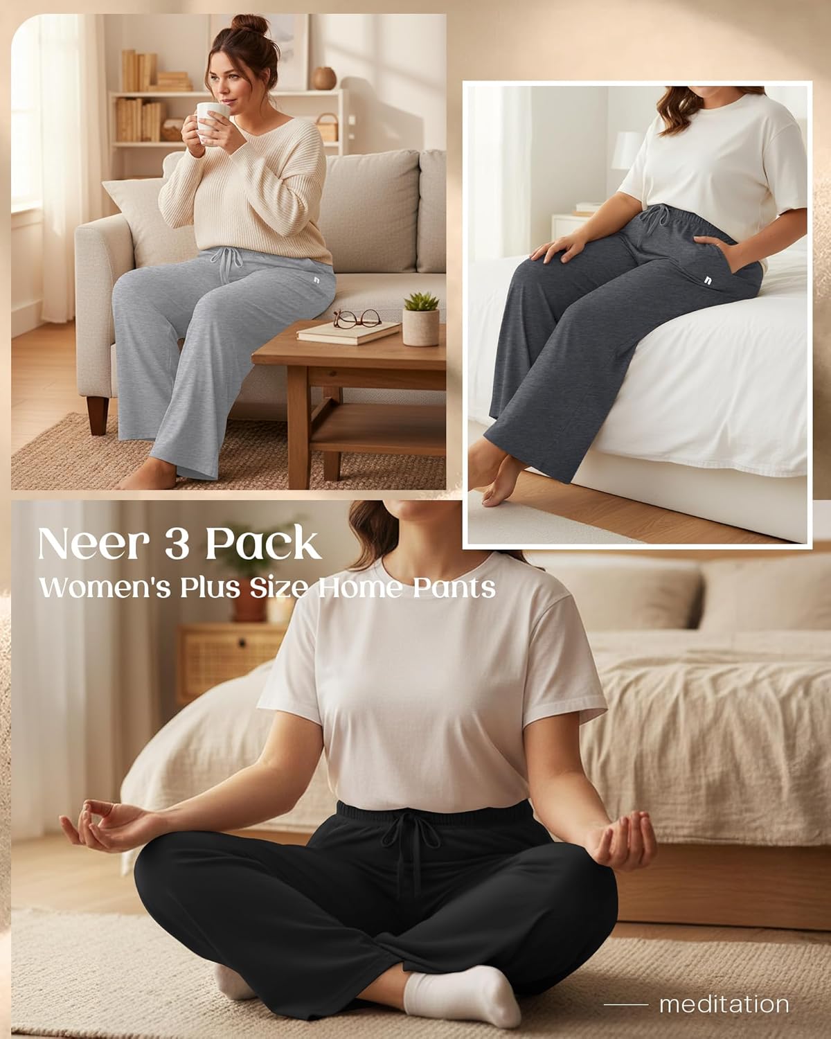 Neer 3 Pack Women's Plus Size Pants Wide Leg Sleep Yoga Pants Loose Drawstring Casual Baggy Sweatpants with Pockets - Image 2