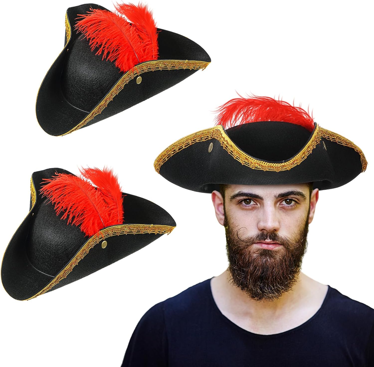 Liitrsh 2 Pcs Tricorn Pirate Hat with Feather, Buccaneer Colonial Hat for Adults Renaissance Costume for Halloween Party