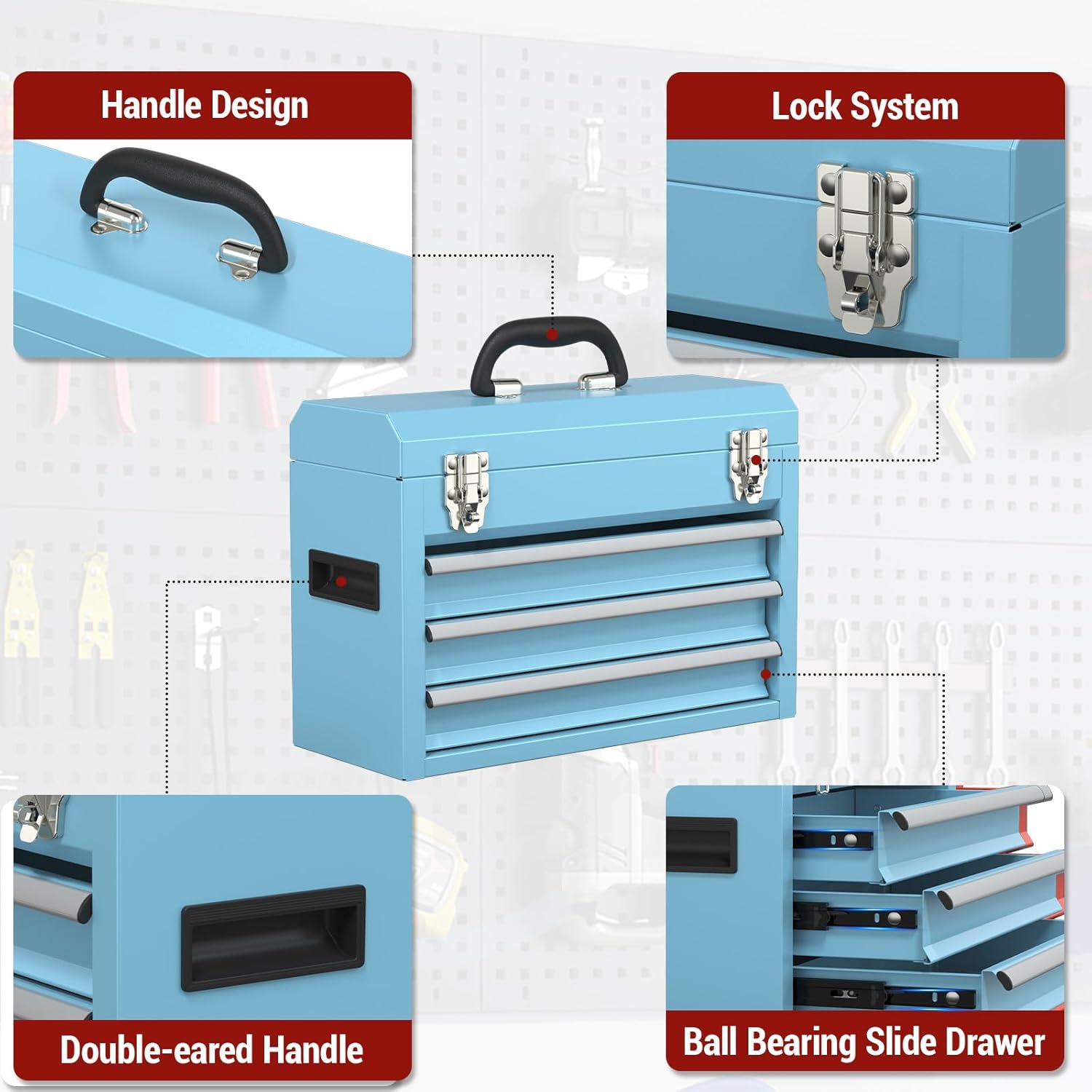 3 Drawers small Tool Box, Portable 3 Drawer Steel Tool Box with Locking System toolbox organization with Liner for Tools Storage (Blue)