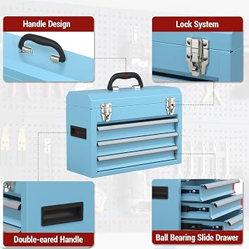 3 Drawers small Tool Box, Portable 3 Drawer Steel Tool Box with Locking System toolbox organization with Liner for Tools Storage (Blue)