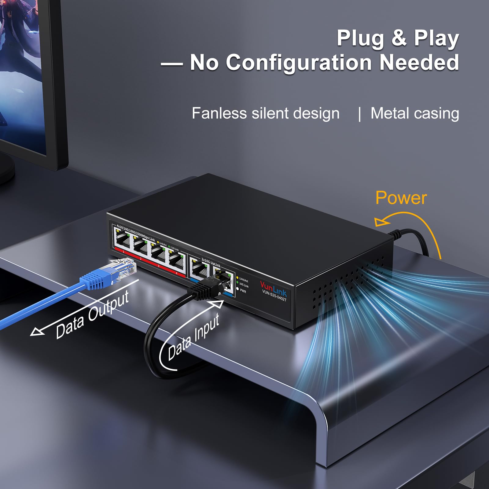 6-Port Multi-Gigabit Ethernet Switch, 4×2.5G + 2×10G High-Speed Ports, Unmanaged 10G/2.5G Netzwerk-Switch für Zuhause & Büro, Plug & Play, Desktop/Wandmontage, leises lüfterloses Metalldesign