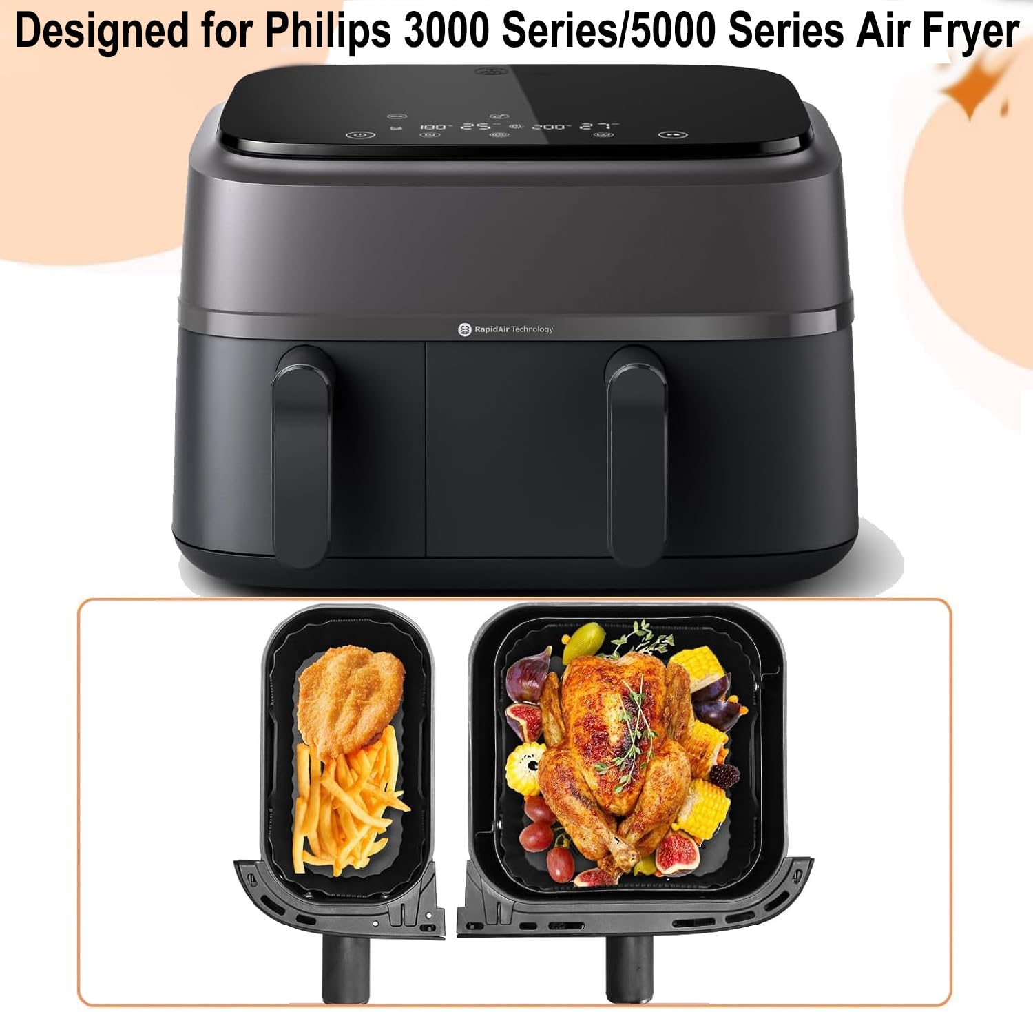 2 Fodere In Silicone Per Friggitrice Ad Aria Philips Dual Basket 3000 (6L/3L) - Riutilizzabili - 2