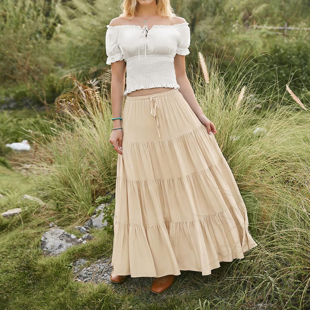 SCARLET DARKNESS Maxirock Damen Elastische Taille Boho Langer Rock Fließend Sommer Renaissance Röcke