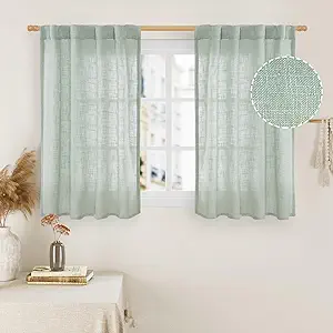 LAMIT Short Linen Window Curtains 40 Inch Length 2 Panels, Light Sage Semi Sheer Light Filtering Panels Back Tab and Rod Pocket Neutral Drapes for Basement/Window/Loft Room, 34 x 40 Inch