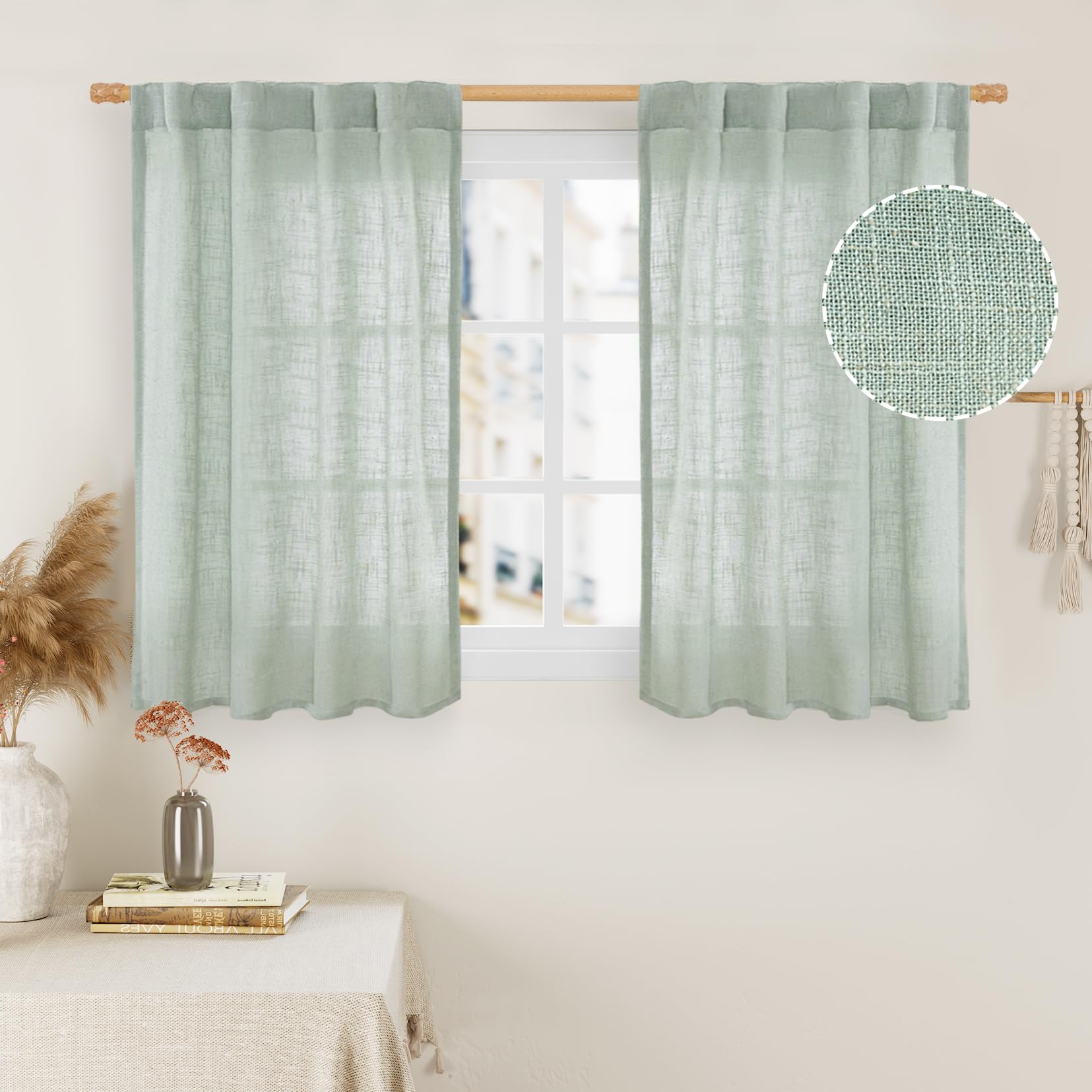 LAMIT Short Linen Window Curtains 40 Inch Length 2 Panels, Light Sage Semi Sheer Light Filtering Panels Back Tab and Rod Pocket Neutral Drapes for Basement/Window/Loft Room, 34 x 40 Inch โ image 1