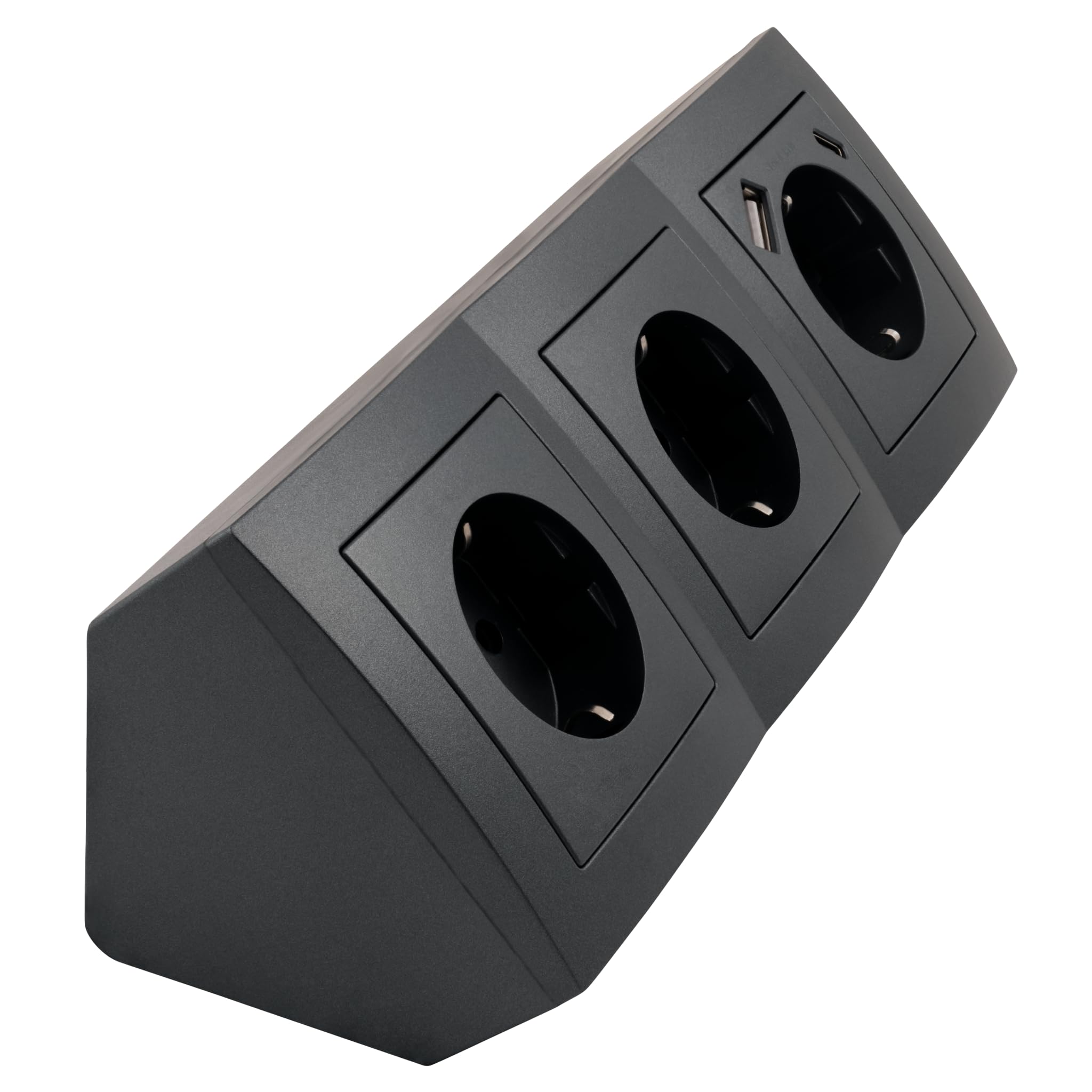 Steckdosenblock 3-Fach & USB-A & USB-C anthrazit für Küche und Büro - hochwertige Steckdose Steckdosenleiste Ecksteckdose Tischsteckdose Unterbausteckdose Aufbausteckdose 15cm Kabel Möbelsteckdose