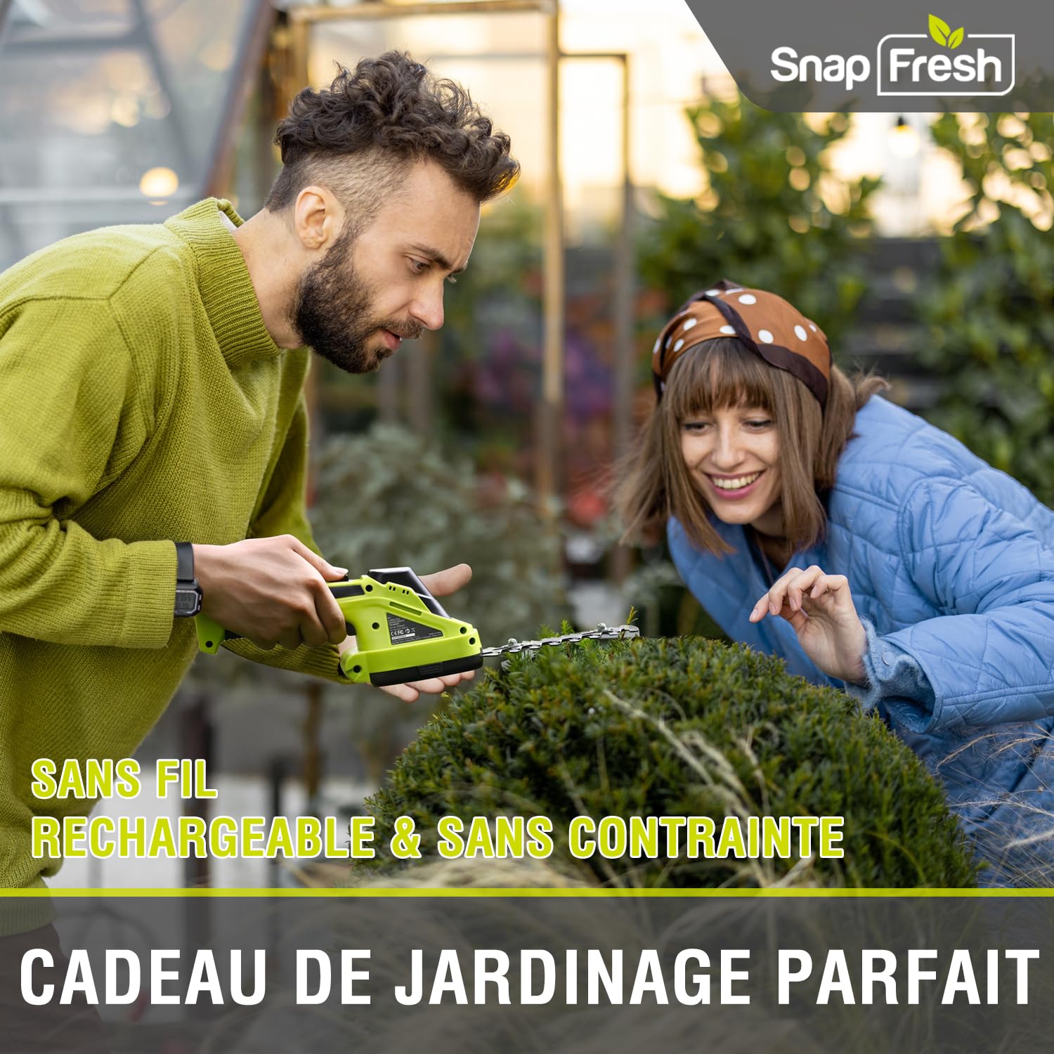 SnapFresh Taille Haie Batterie Electrique Mini Taille-Herbes sans Fil avec Batterie 8V Cisailles à Gazon Sculpte-Haies 2 en 1 - Autonomie: 60 Min, Longueur de Lame: 14 cm(Arbustes) / 8 cm(Herbe)