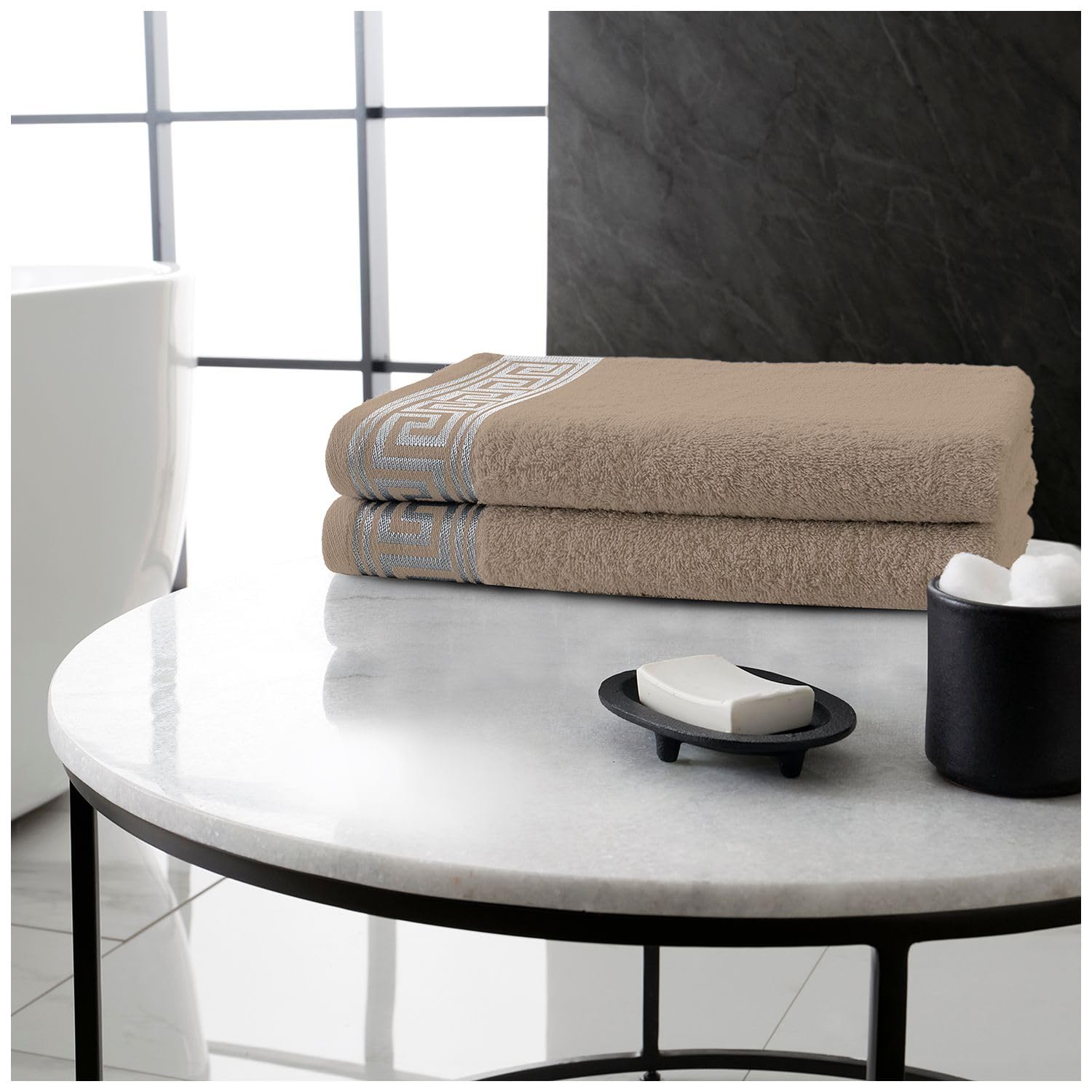 GC GAVENO CAVAILIA Luxury Egyptian Cotton Bath Towels | 4x Pack Large 500 GSM Towels | Greek Key Bathroom Towel Set Quick Drying & Super Absorbent - 70x120 Cm - Natural