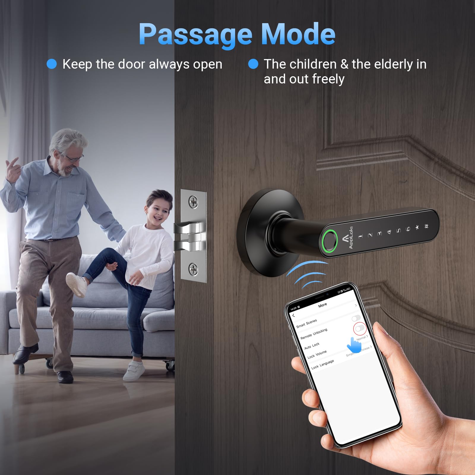 AppLoki Fingerprint Door Lock with APP, Rechargeable Battery, Keyless Entry Door Lock with Handle, Touchscreen Keypad Deadbolt Lock with Bluetooth, Code, Biometric Smart Lock for Bedroom Hotel Office