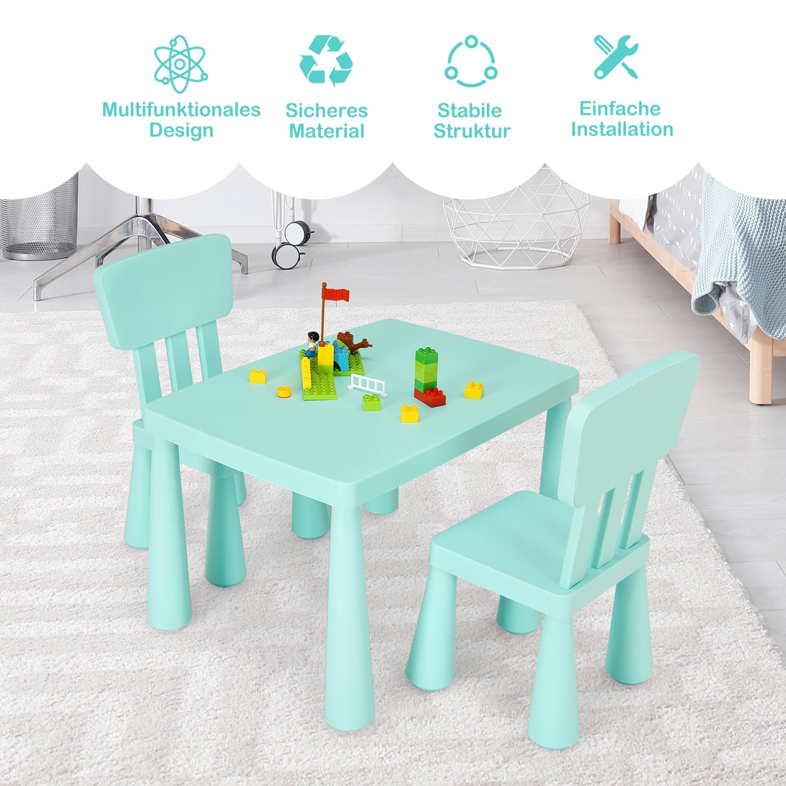 COSTWAY 3 TLG. Kindersitzgruppe, Kindertisch mit 2 Stühlen, Kindermöbel aus Kunststoff, Kinder Tischset für Kindergarten und Kinderzimmer (Grün)