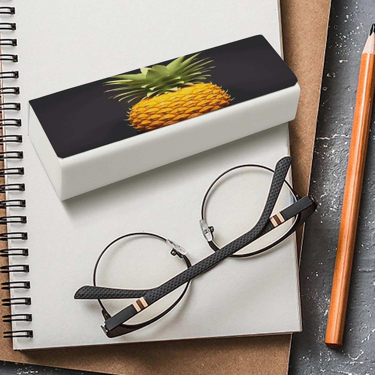Yellow Pineapple Eyeglasses Case Hard Shell for Men Women PU Leather Eyeglass Cover Fashionable Travel Sunglasses Cases Portable Reading Glasses Cover with Cleaning Cloth image 4