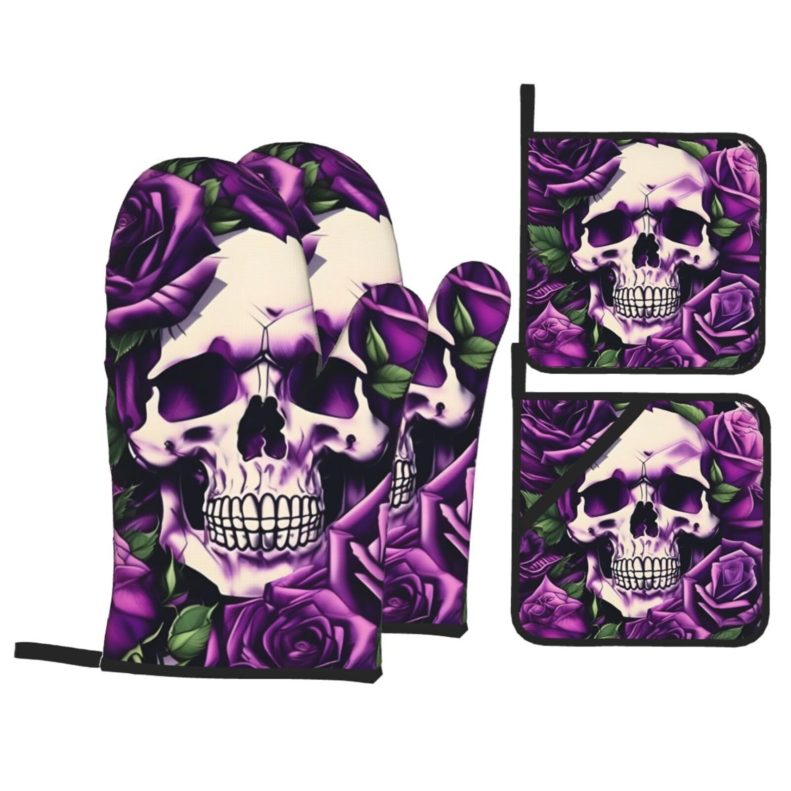 many Purple Rose Skull Print 4-Piece Oven Microwaving Set Kitchen Gloves for Holiday Cooking Baking Grilling