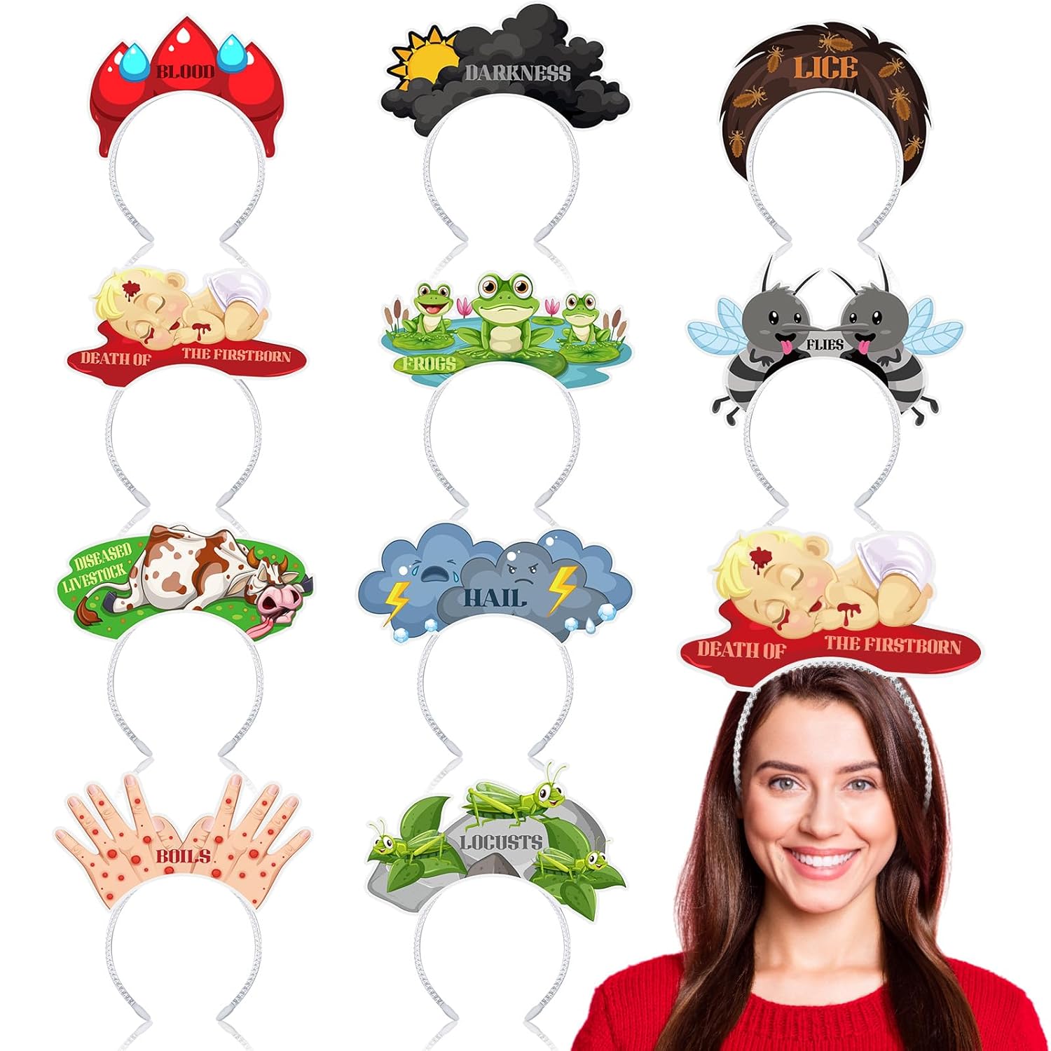 Blosssound 10 Pcs Passover Headbands Ten Plagues Party Favor Gift Passover Paper Head Bopper Cartoon Animal Pesach Headwear Seder Dress up Party Costume Accessories Photo Prop Decoration Supplies